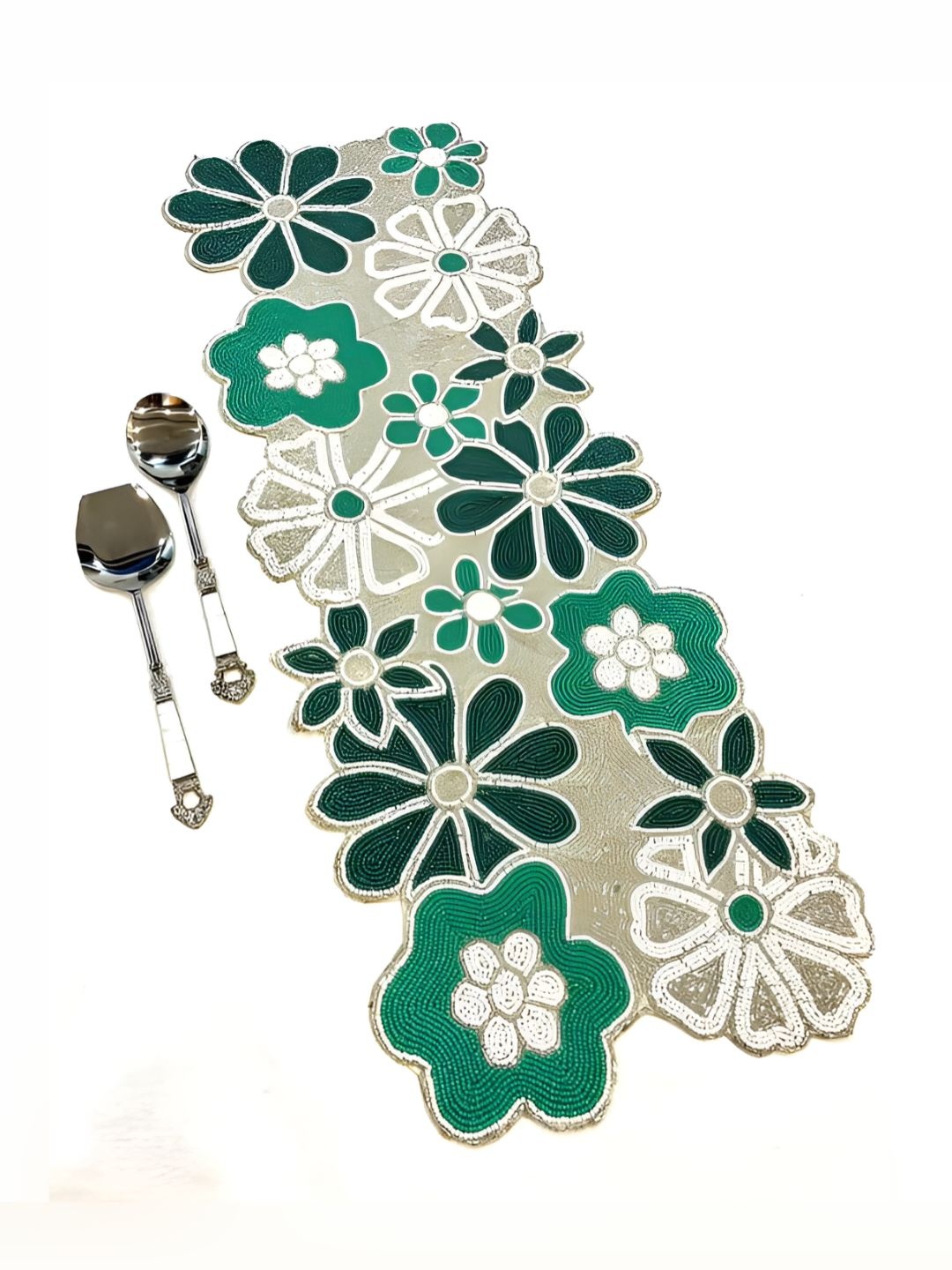 

PURINA'S Green & Beige Floral Embroidered Dining Table Runner
