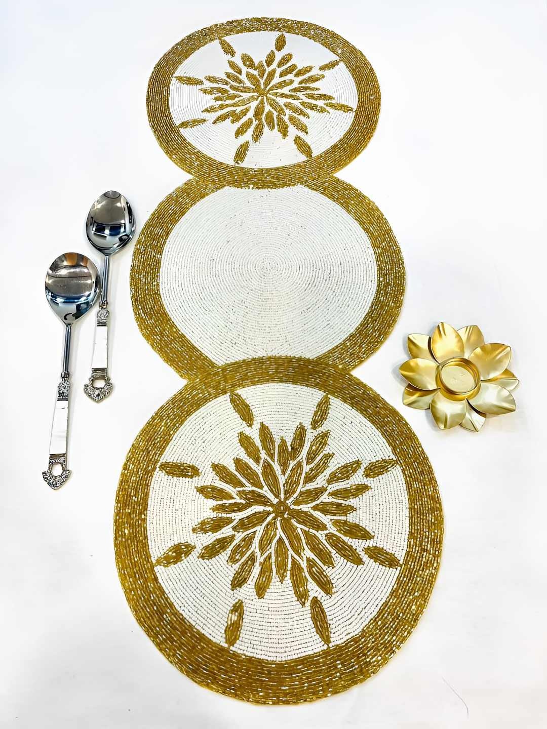 

PURINA'S White & Gold Toned Embroidered Dining Table Runner