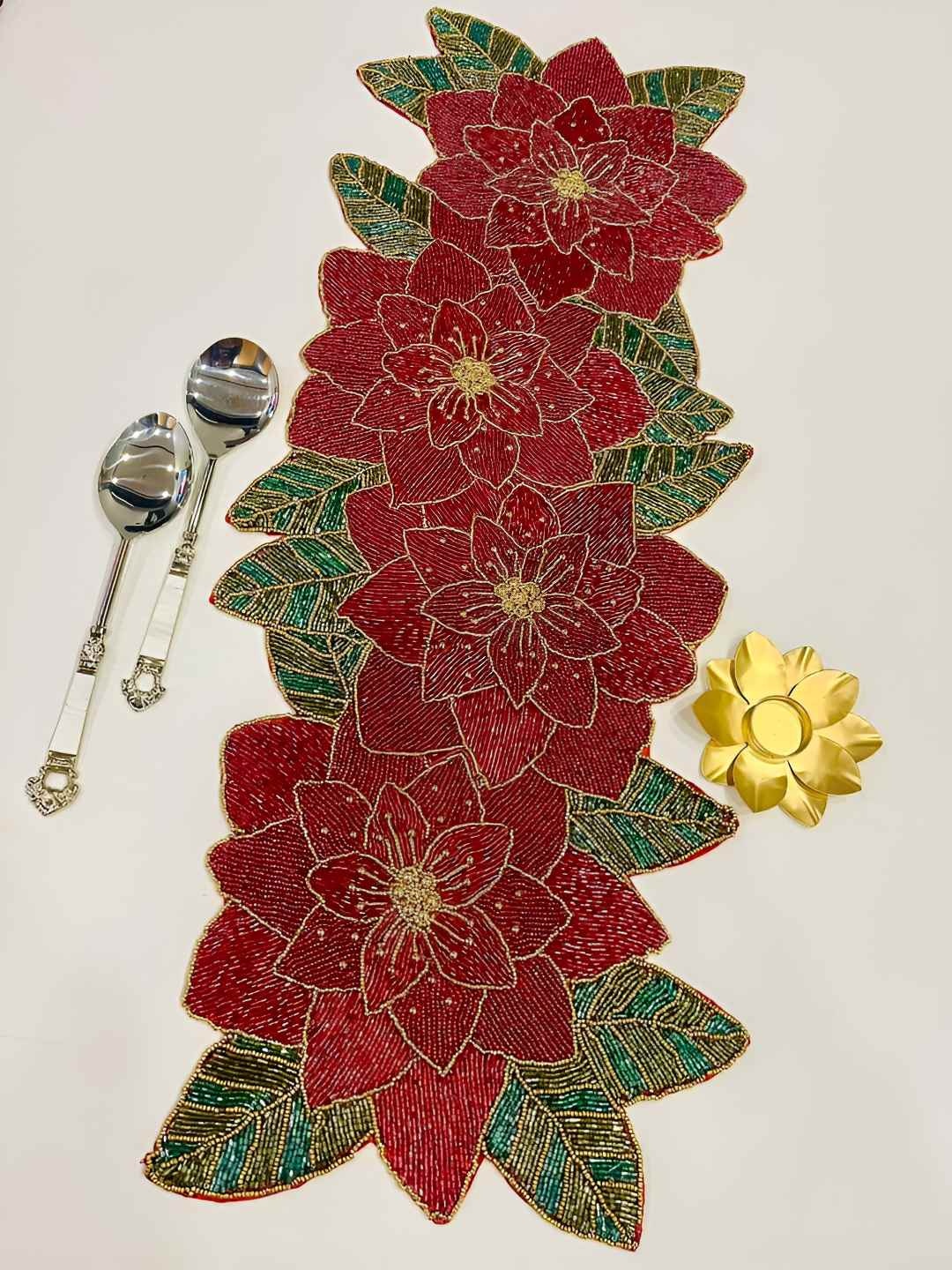 

PURINA'S Maroon & Green Floral Beads Embellished Table Runner