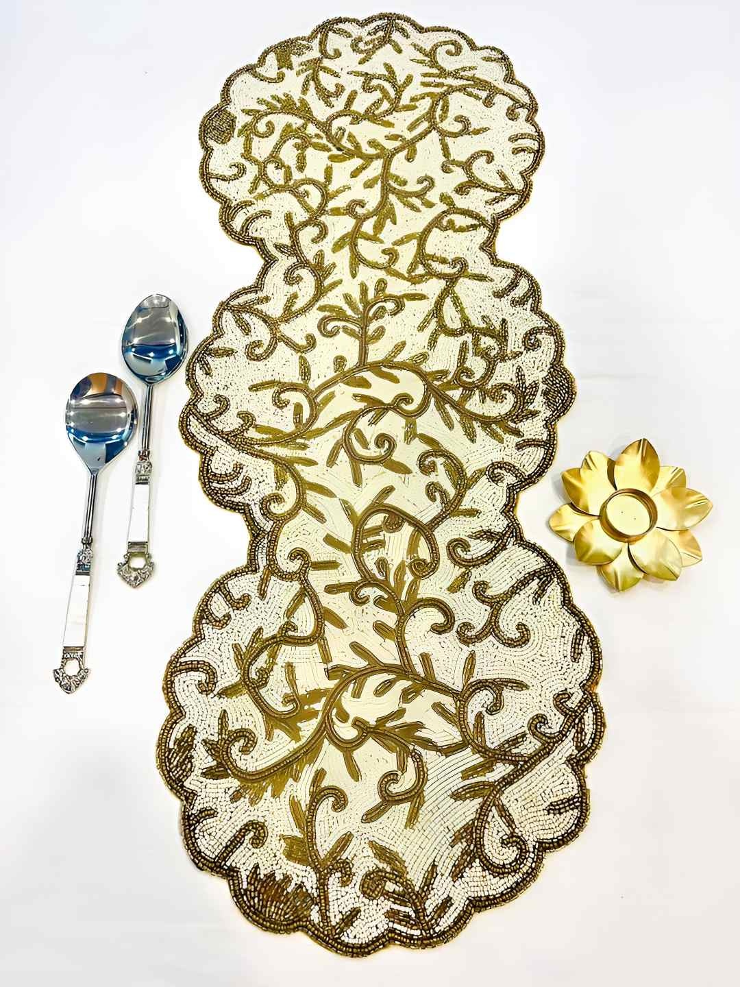 

PURINA'S White & Gold Toned Ethnic Motifs Beads Embellished Table Runner