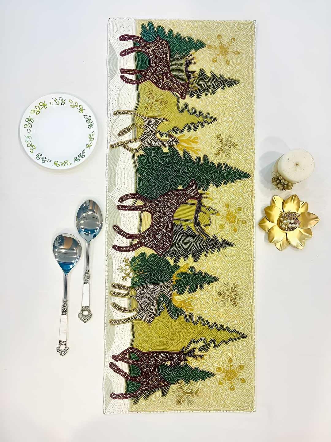 

PURINA'S Beige & Green Pine Trees & Reindeers Beads Embellished Table Runner