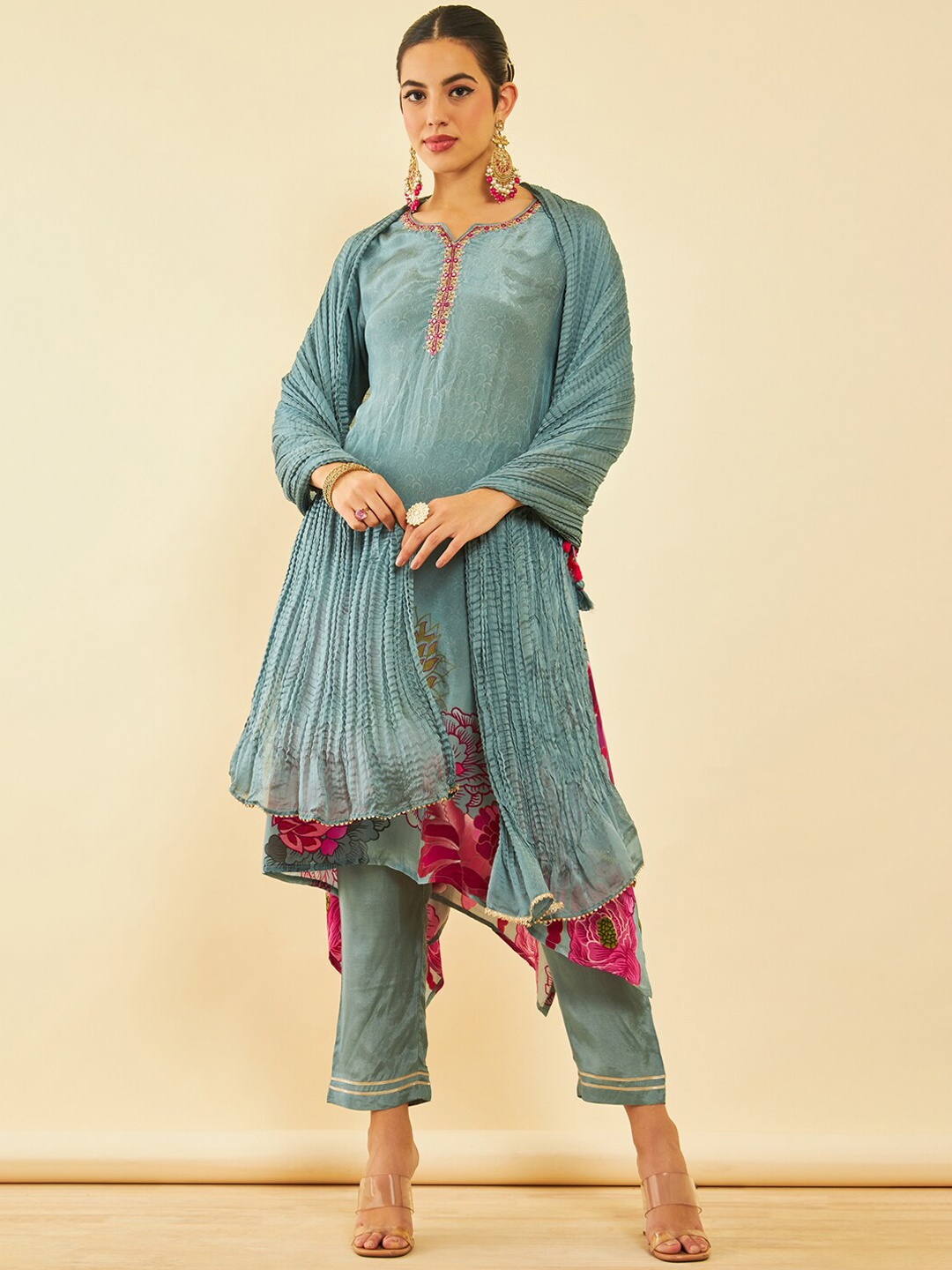 

Soch Floral Printed Regular Mirror Work Kurta With Trousers & Dupatta, Grey