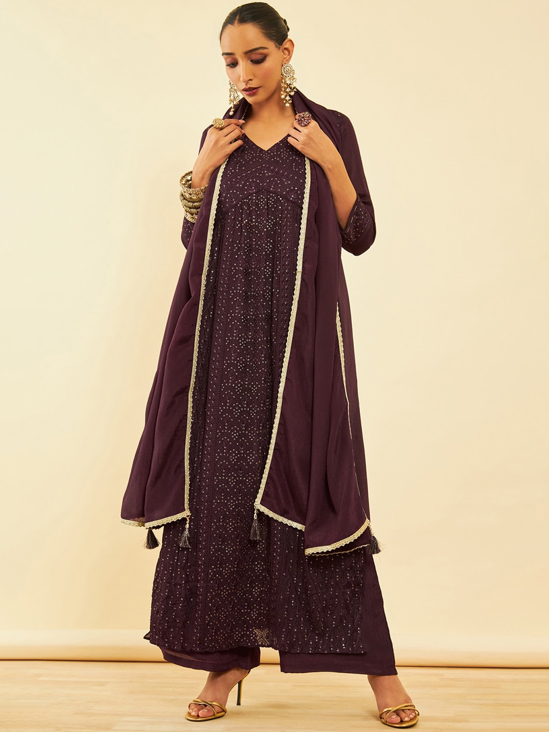 

Soch Floral Embroidered Sequinned Kurta With Palazzos & Dupatta, Maroon