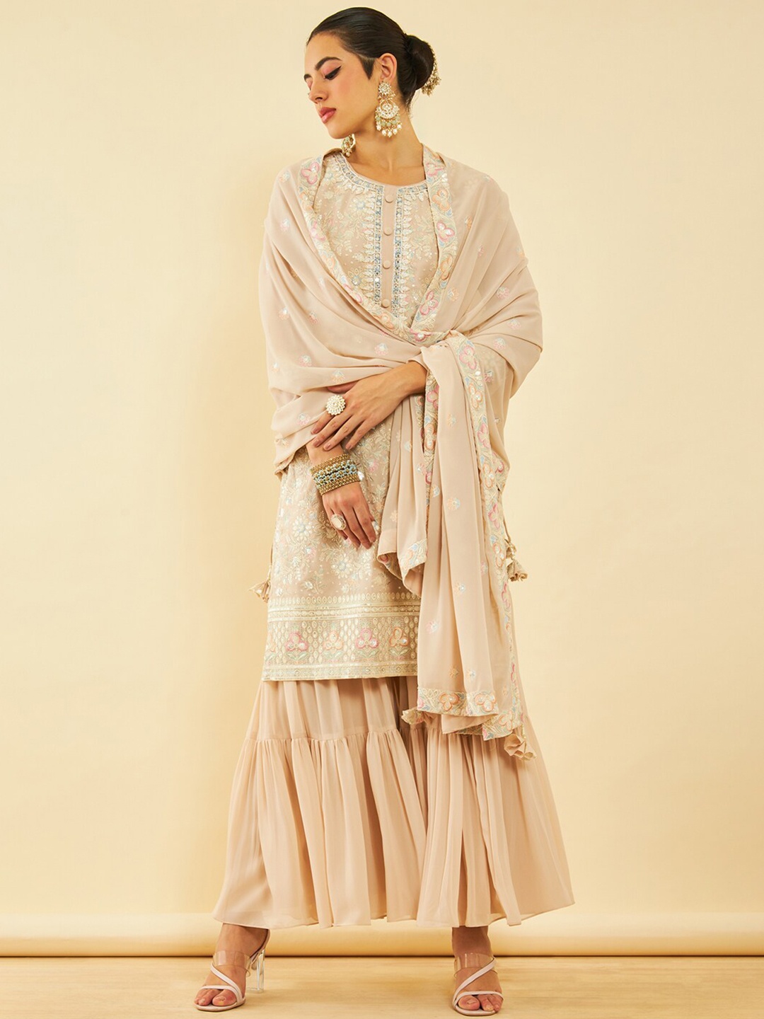 

Soch Floral Embroidered Regular Sequinned Kurta With Sharara & Dupatta, Beige