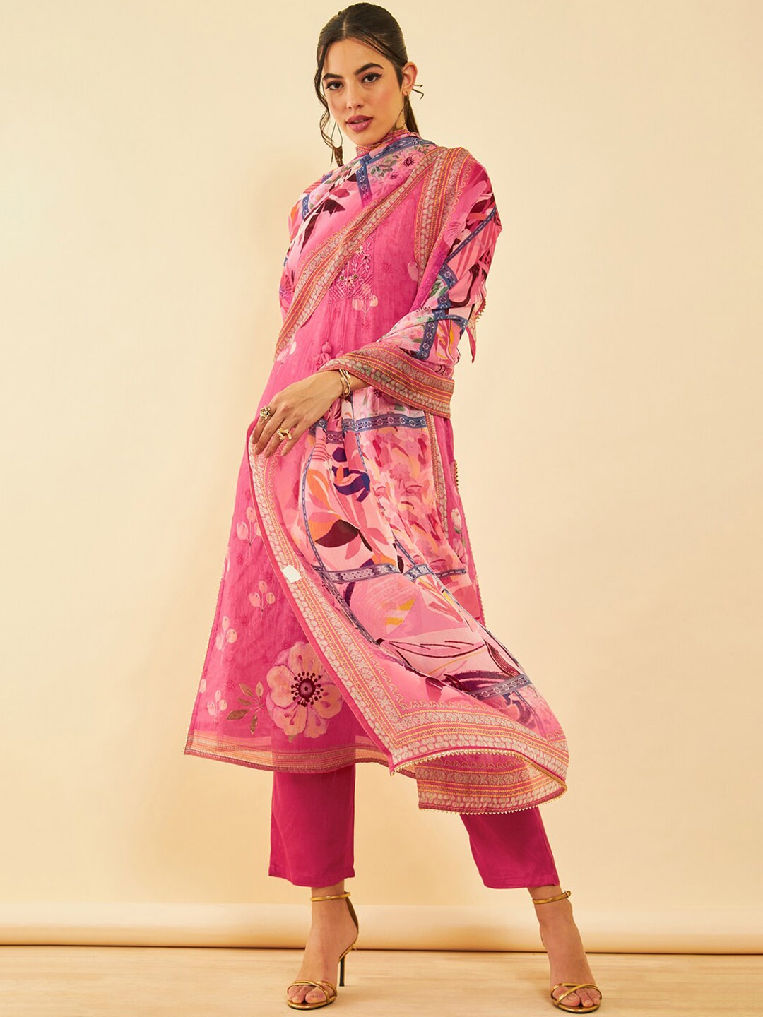 

Soch Floral Printed Regular Kurta with Trousers & Dupatta, Pink