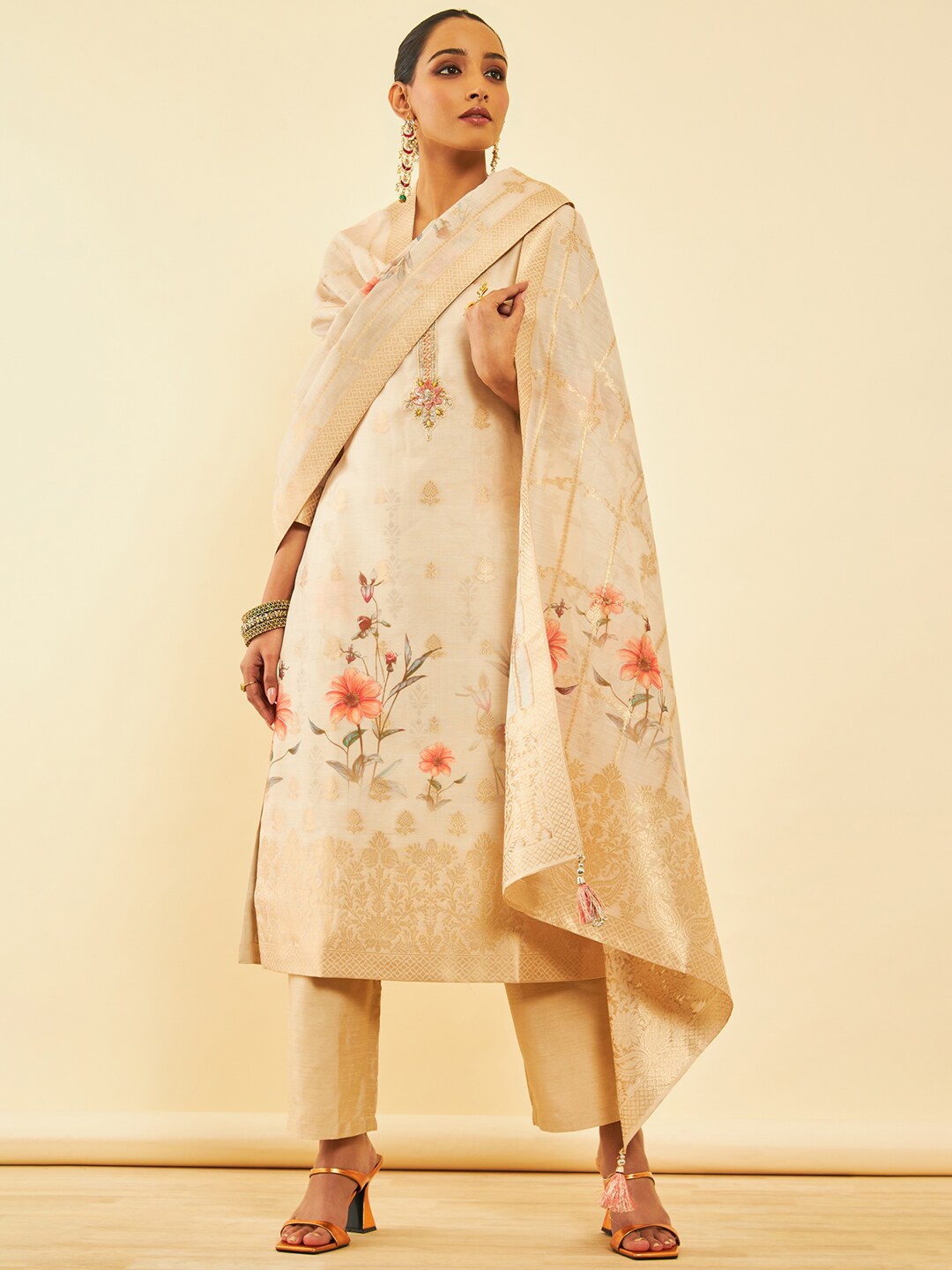 

Soch Floral Printed Regular Zardozi Chanderi Silk Kurta with Trousers & Dupatta, Beige