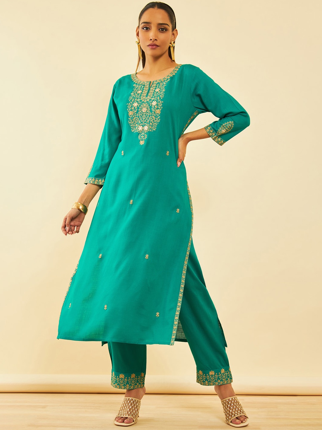 

Soch Ethnic Motifs Embroidered Regular Mirror Work Kurta with Trouser, Teal