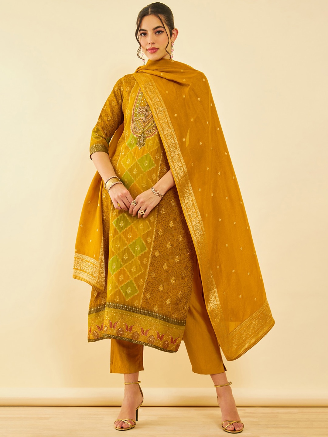 

Soch Ethnic Motifs Regular Thread Work Kurta With Trousers & Dupatta, Mustard