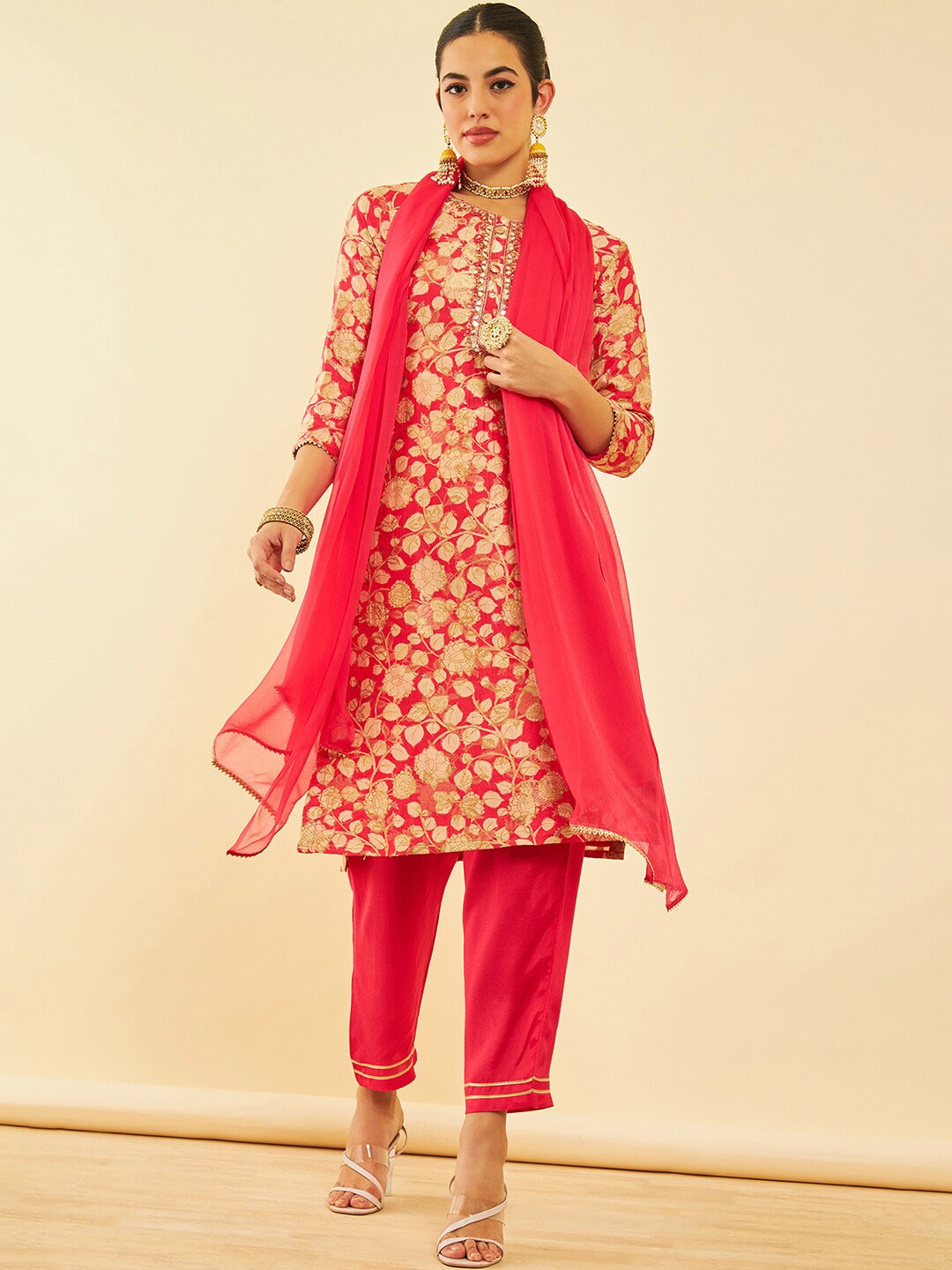Soch Floral Printed Regular Mirror Work Kurta with Trousers & Dupatta, Pink