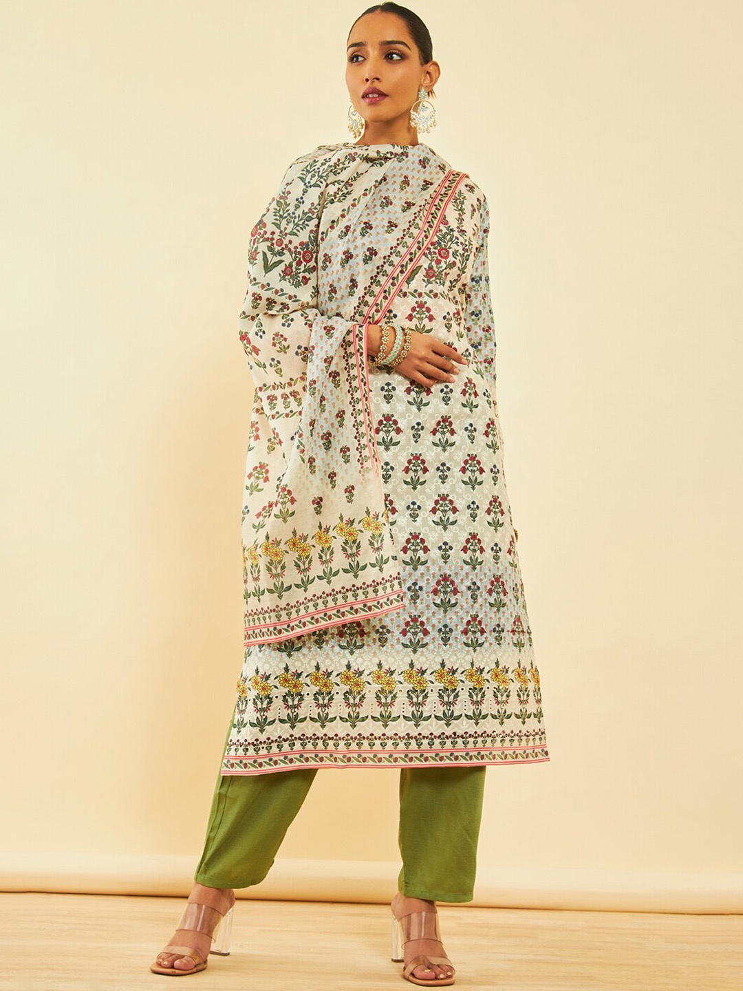 

Soch Floral Printed Regular Kurta with Trousers & Dupatta, Cream