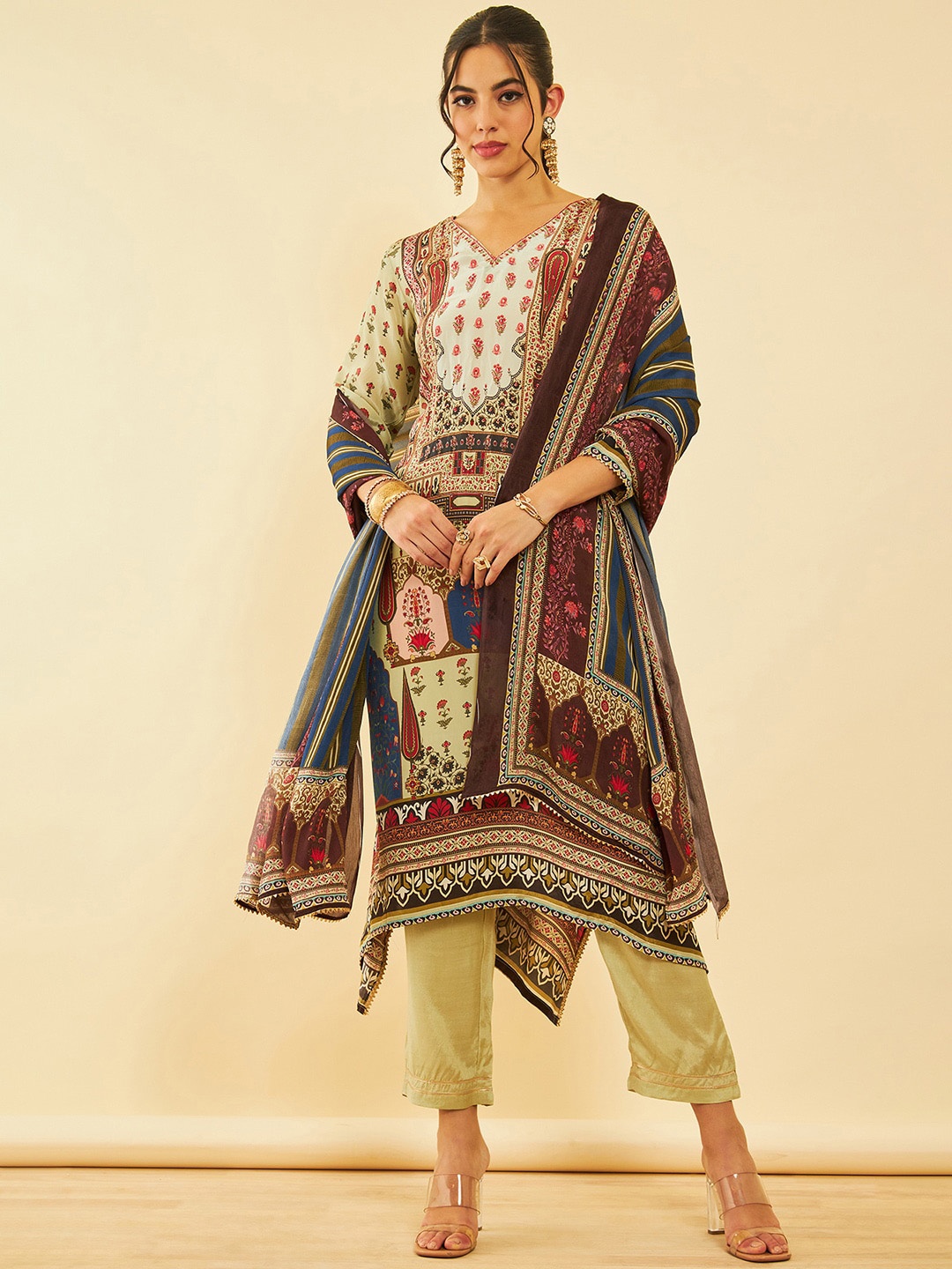 

Soch Floral Printed Regular Sequinned Kurta with Trouser & Dupatta, Beige