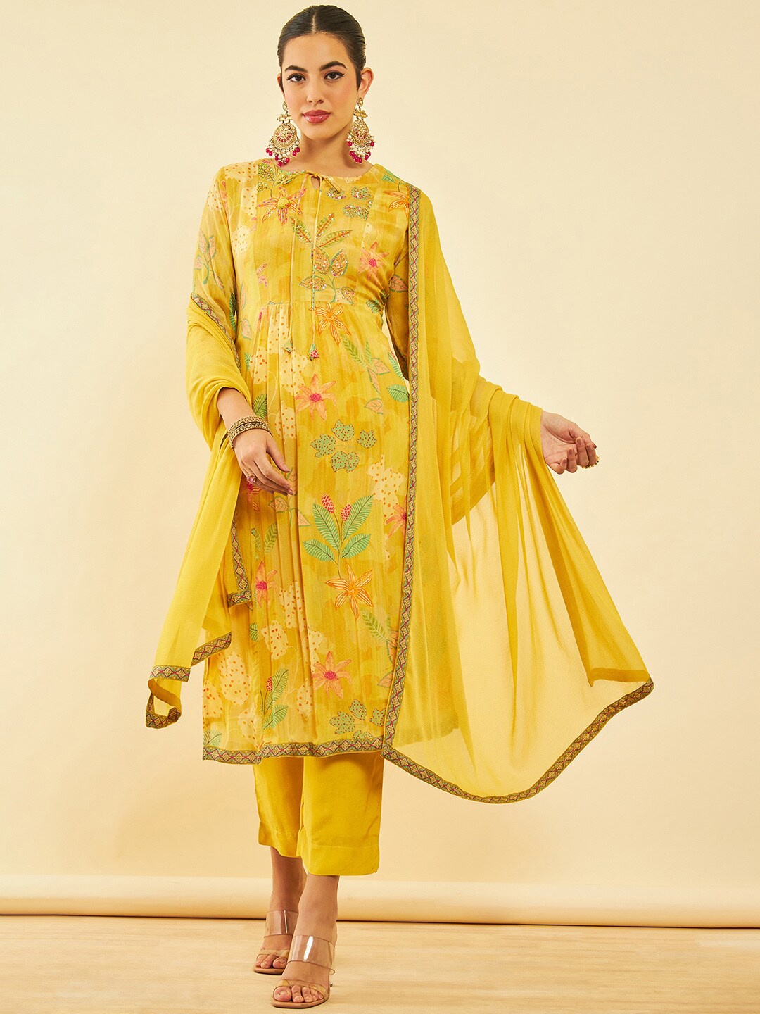 

Soch Floral Printed Pleated Sequinned Kurta with Trouser & Dupatta, Mustard