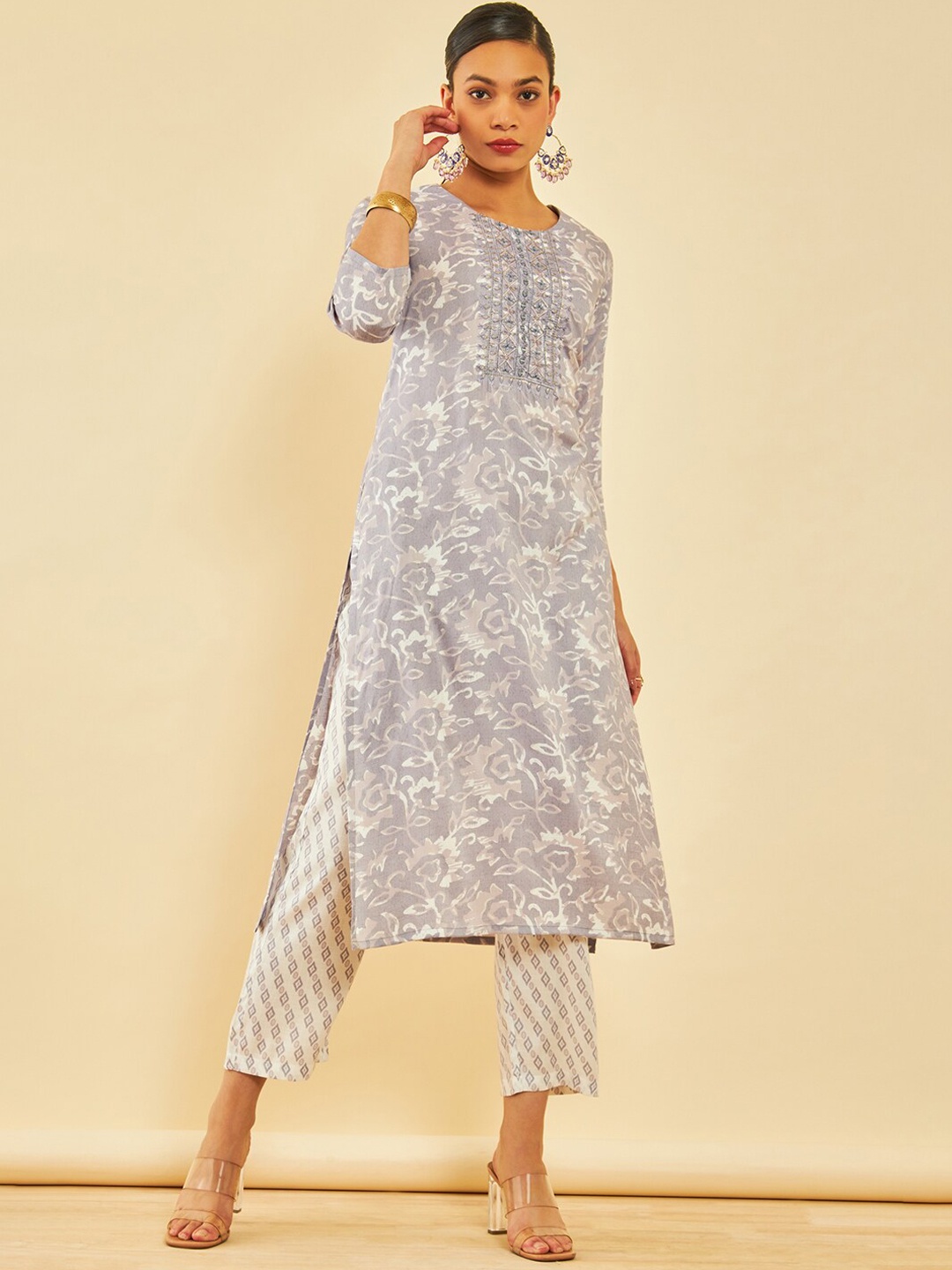 

Soch Floral Printed Regular Thread Work Kurta with Trousers, Purple