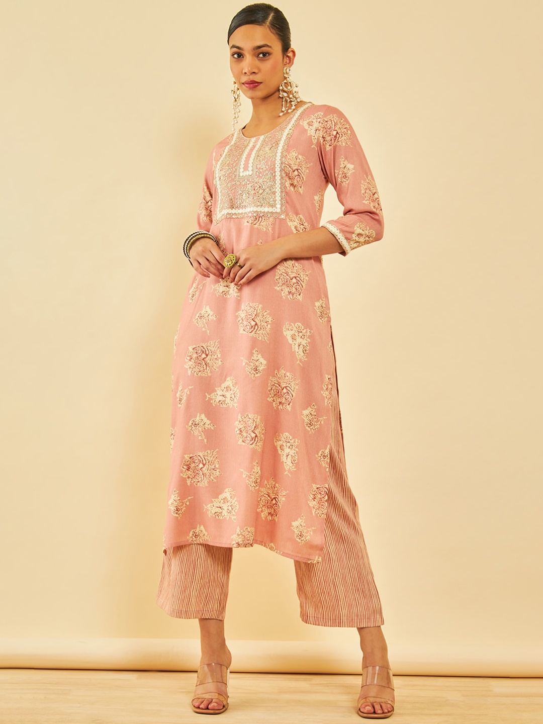 

Soch Floral Embroidered Regular Thread Work Kurta with Trousers, Peach