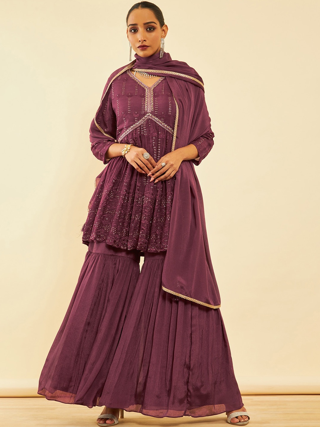 

Soch Floral Embroidered Empire Zardozi Kurta with Sharara & Dupatta, Maroon