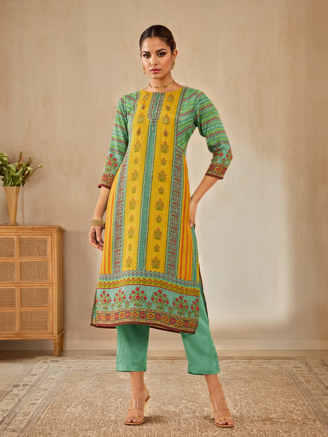 

Soch Ethnic Motifs Printed Regular Sequinned Kurta with Trouser, Green