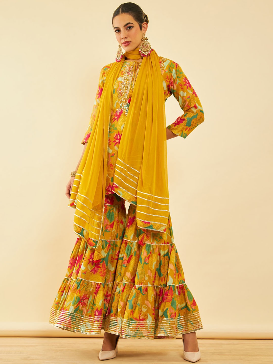 

Soch Floral Printed Regular Gotta Patti Kurta with Sharara & Dupatta, Mustard