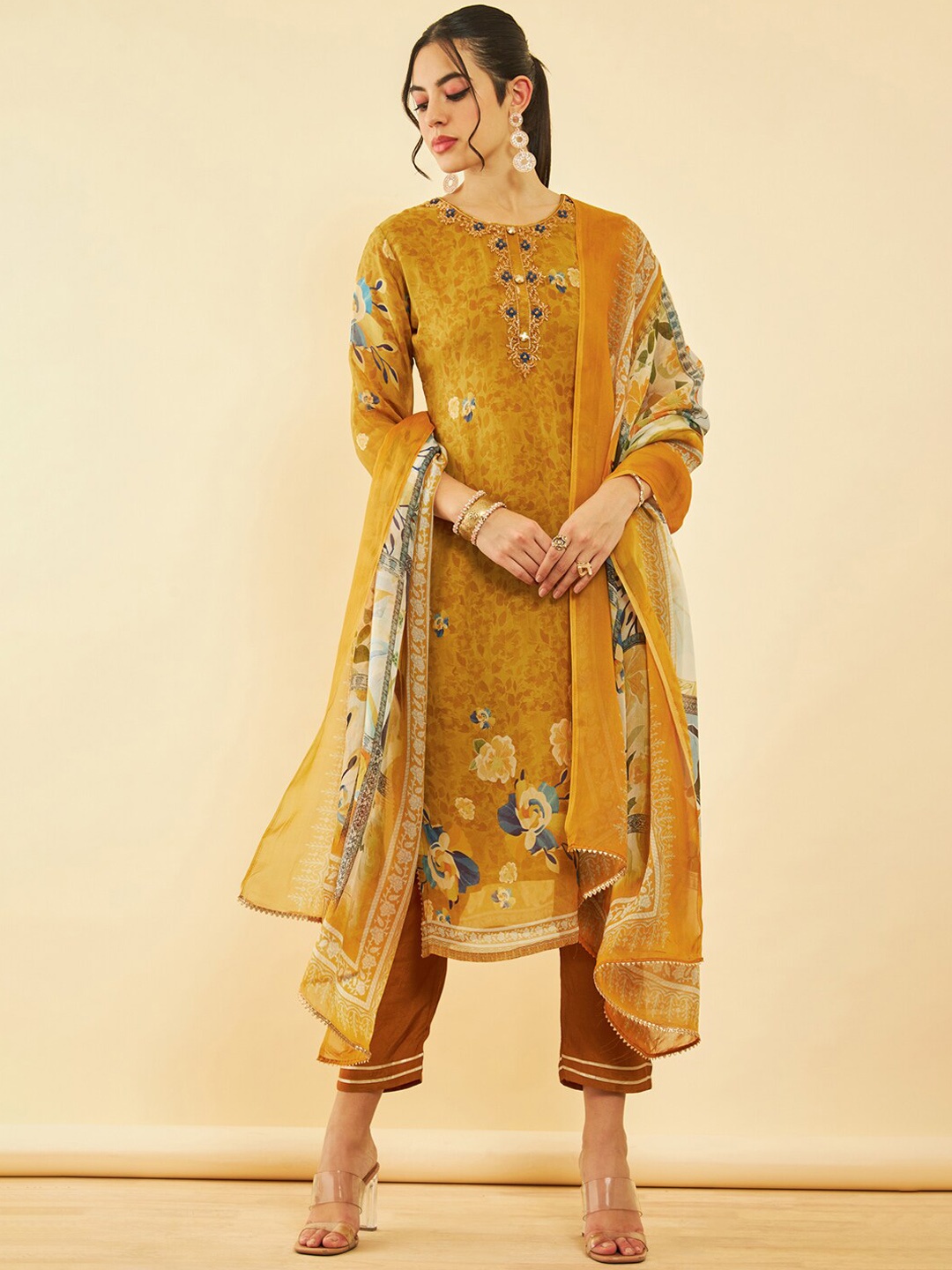 

Soch Floral Printed Regular Kurta with Trouser & With Dupatta, Mustard