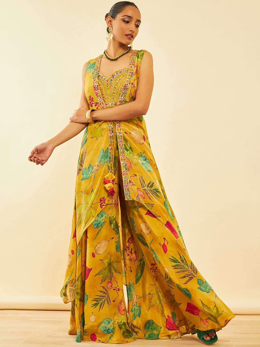 Soch Embellished Shoulder Straps Top With Palazzos & Shrug, Mustard