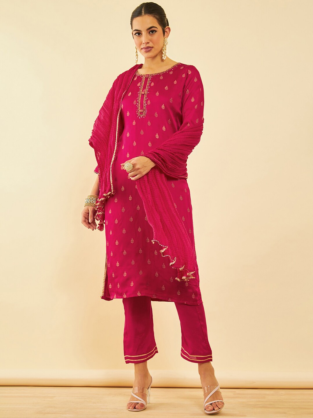 

Soch Ethnic Motifs Printed Regular Mirror Work Kurta with Trousers & Dupatta, Pink