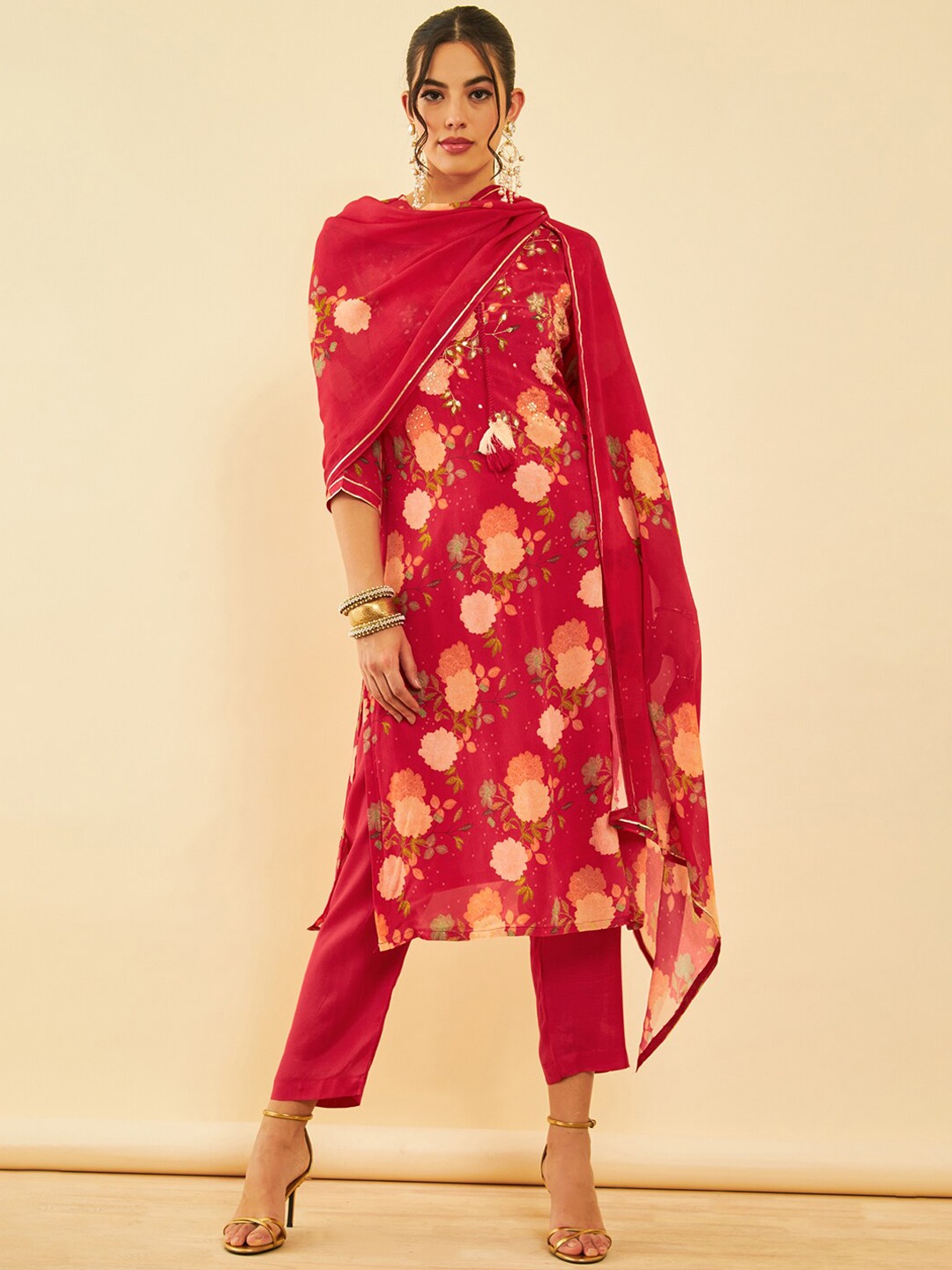 

Soch Floral Printed Regular Kurta with Trousers & Dupatta, Red