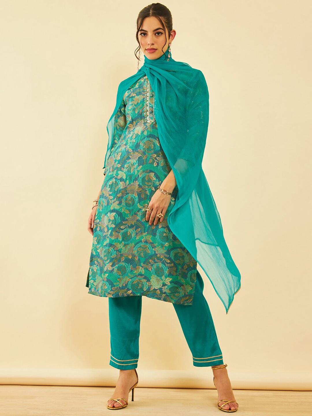 

Soch Floral Printed Round Neck Three-Quarter Sleeves Kurta Set, Teal
