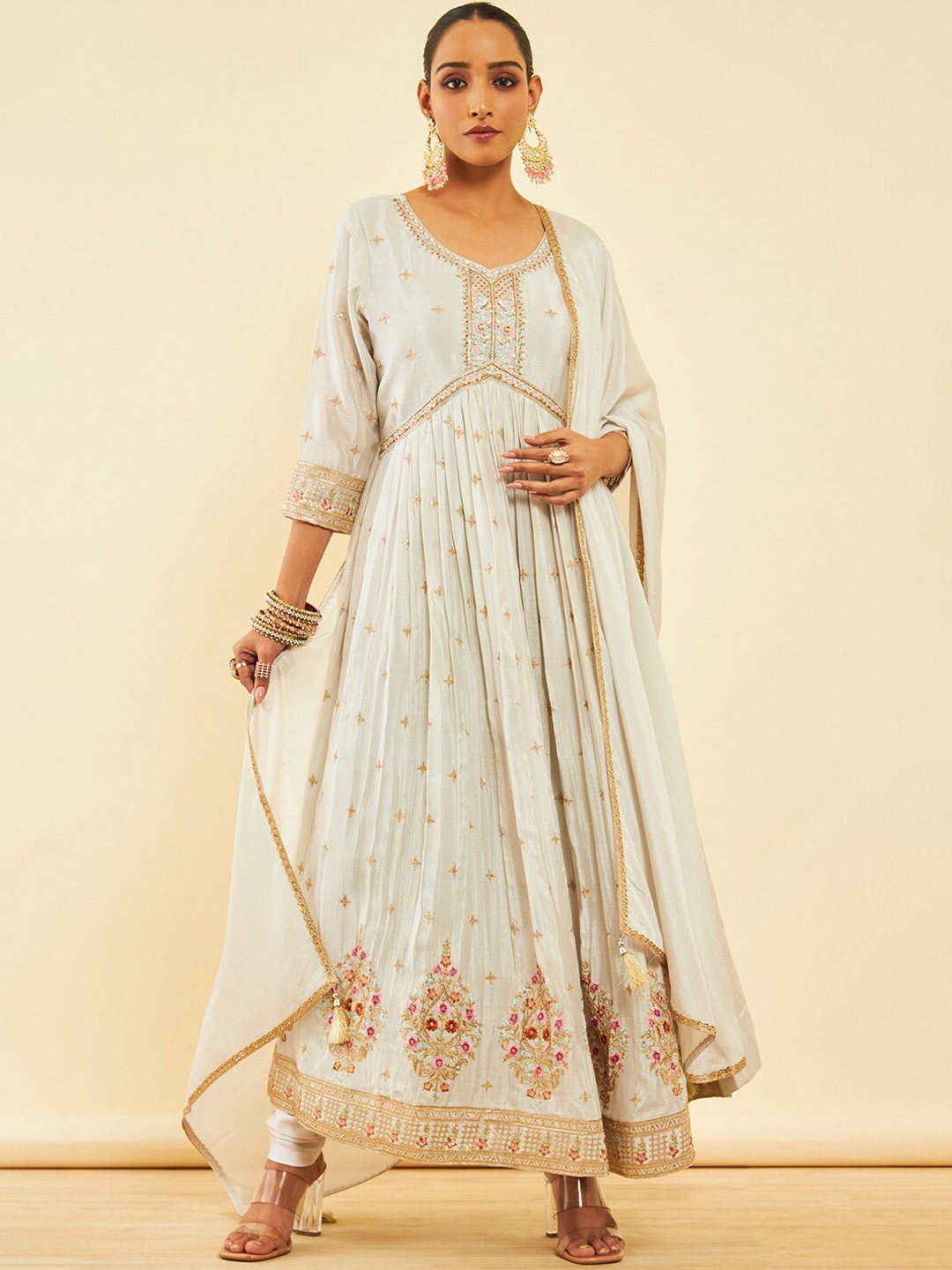 

Soch Ethnic Motifs Embroidered Empire Sequinned Kurta with Churidar & Dupatta, Grey
