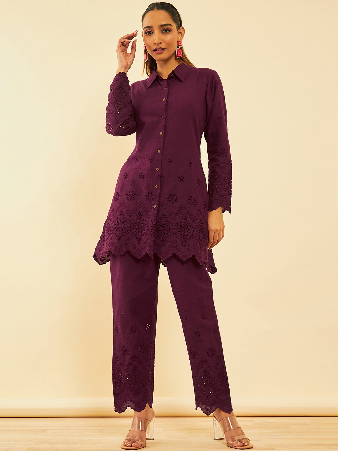 

Soch Maroon Self Design Pure Cotton Schiffli Ethnic Tunic With Trousers