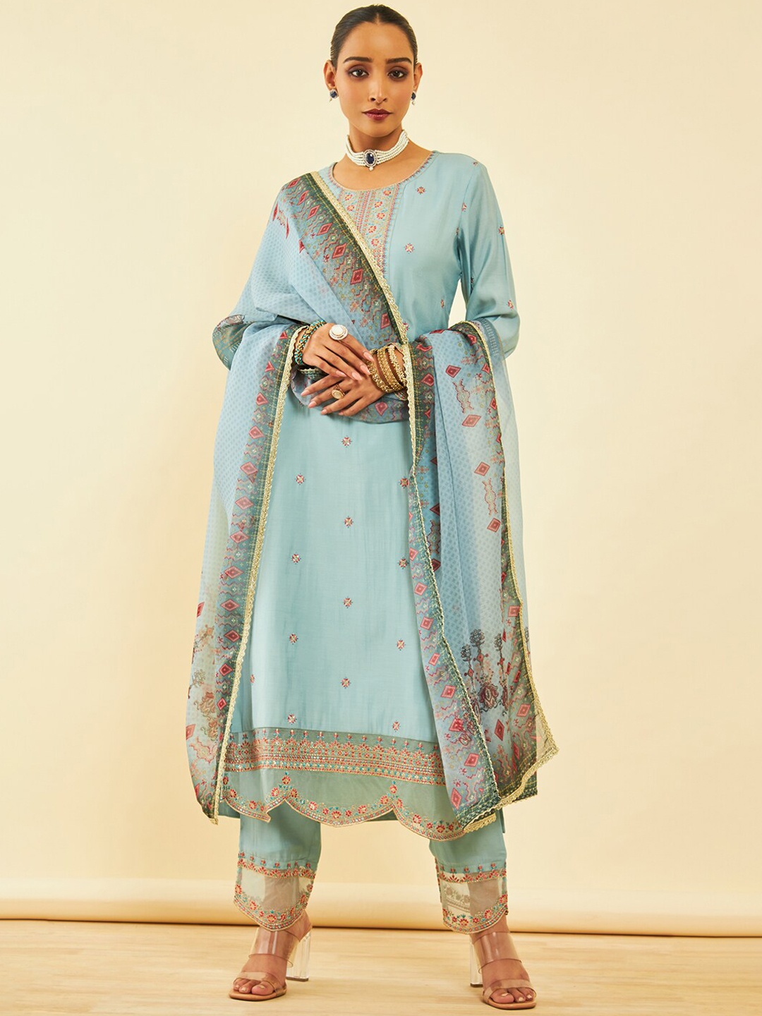 

Soch Floral Embroidered Round Neck Long Sleeves Chanderi Silk Kurta Set, Blue