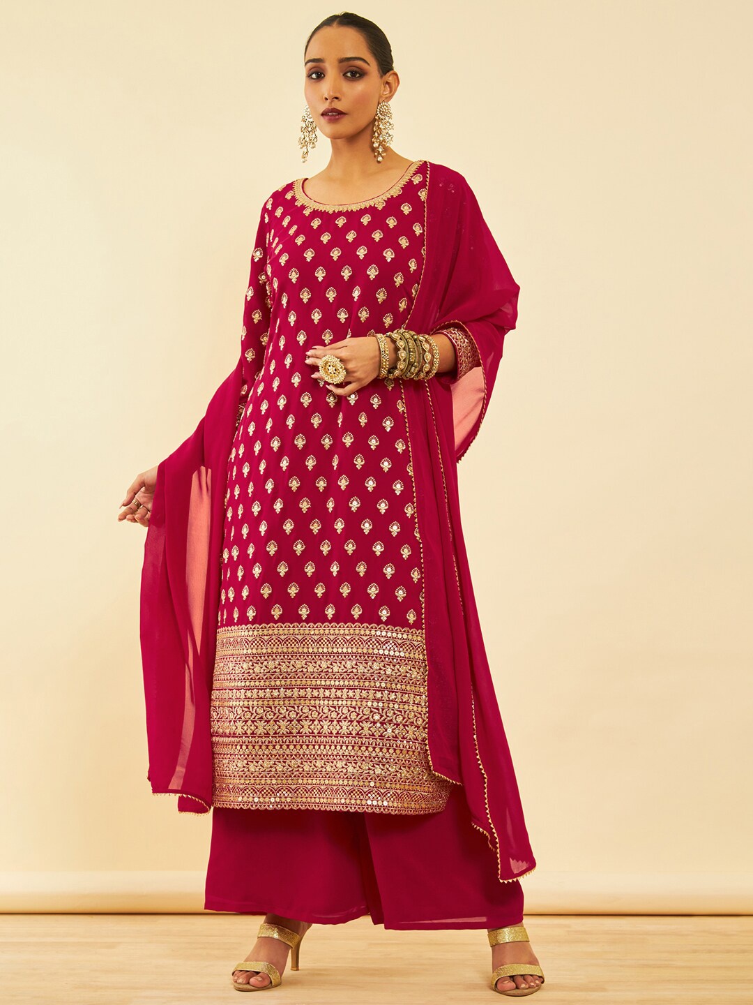 

Soch Fuchsia Ethnic Motifs Embroidered Georgette Sequinned Kurta With Palazzos & Dupatta, Pink