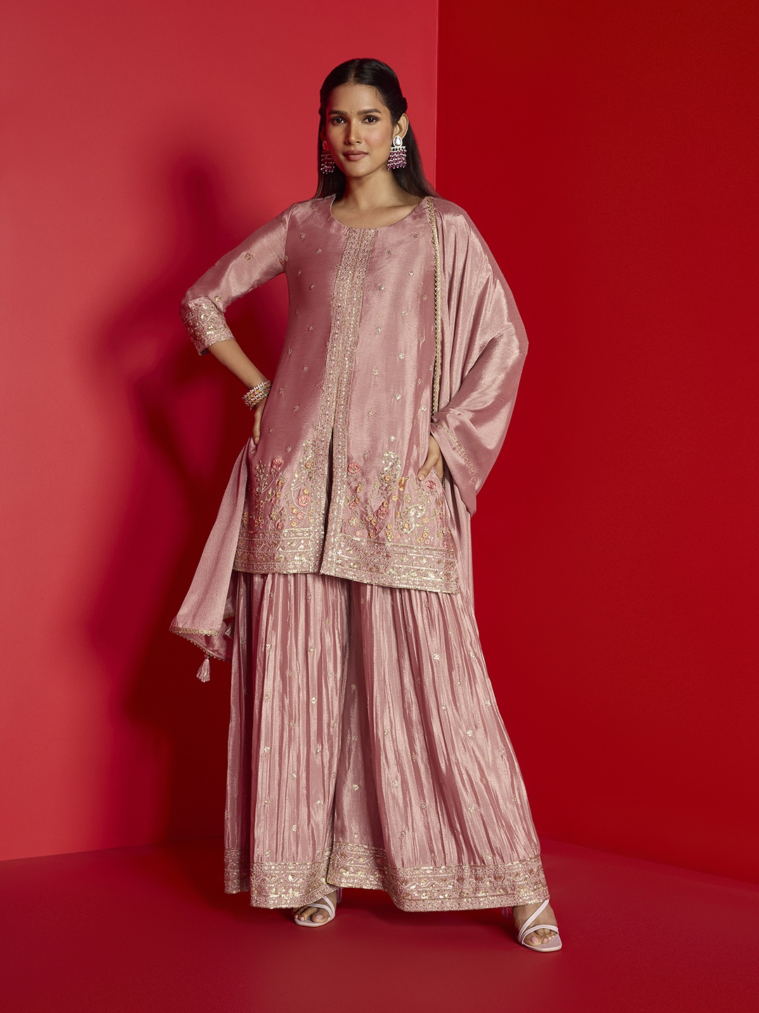 

Soch Pink Ethnic Motifs Embroidered Regular Sequinned Kurta With Palazzos & Dupatta