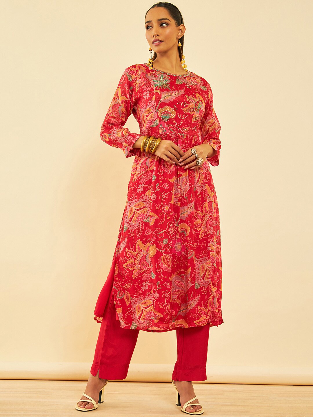 

Soch Red Floral Printed Pleated Zardozi Kurta With Trousers & Dupatta