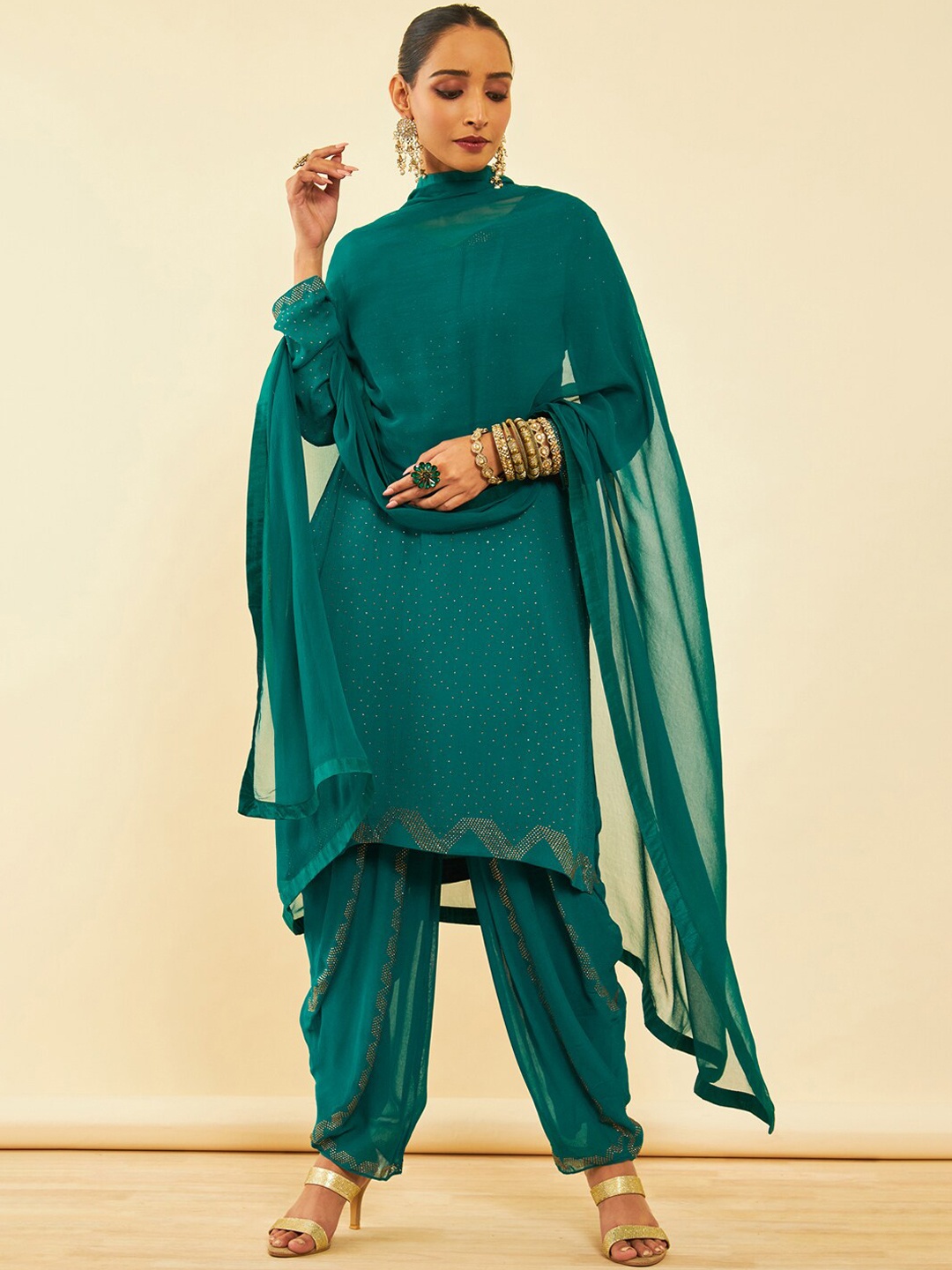 

Soch Embroidered V-Neck Long Sleeves Beads and Stones Kurta Set, Teal