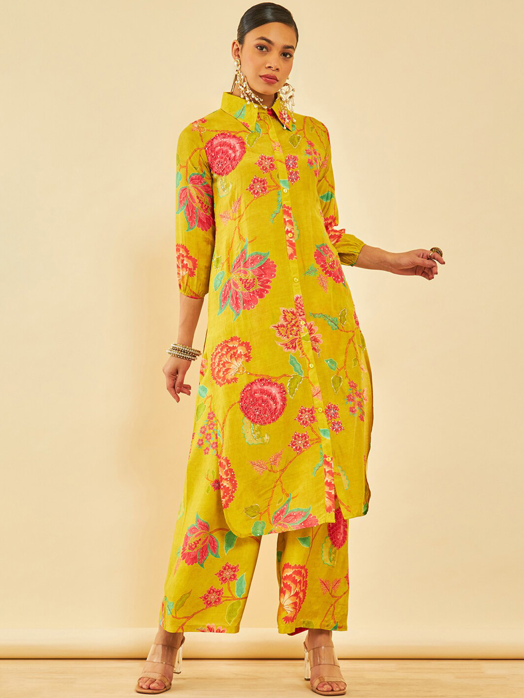 

Soch Floral Printed Beads and Stones Detail Muslin Kurta With Trousers, Yellow