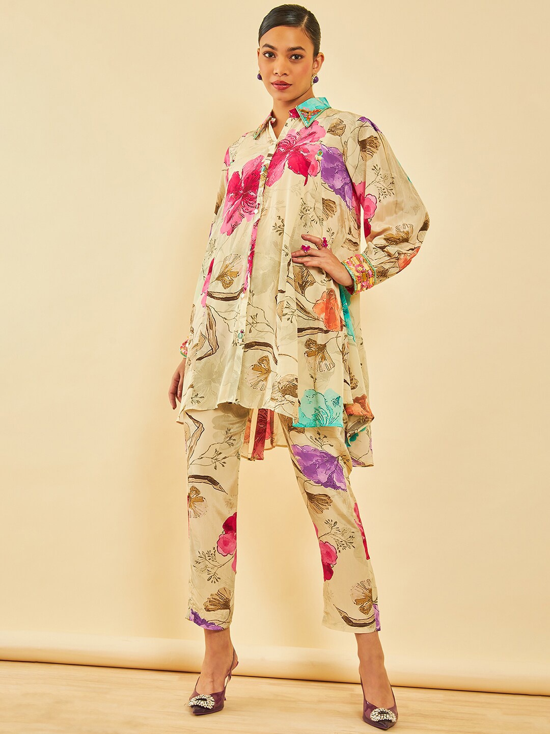 

Soch Floral Printed Shirt With Trouser, Beige