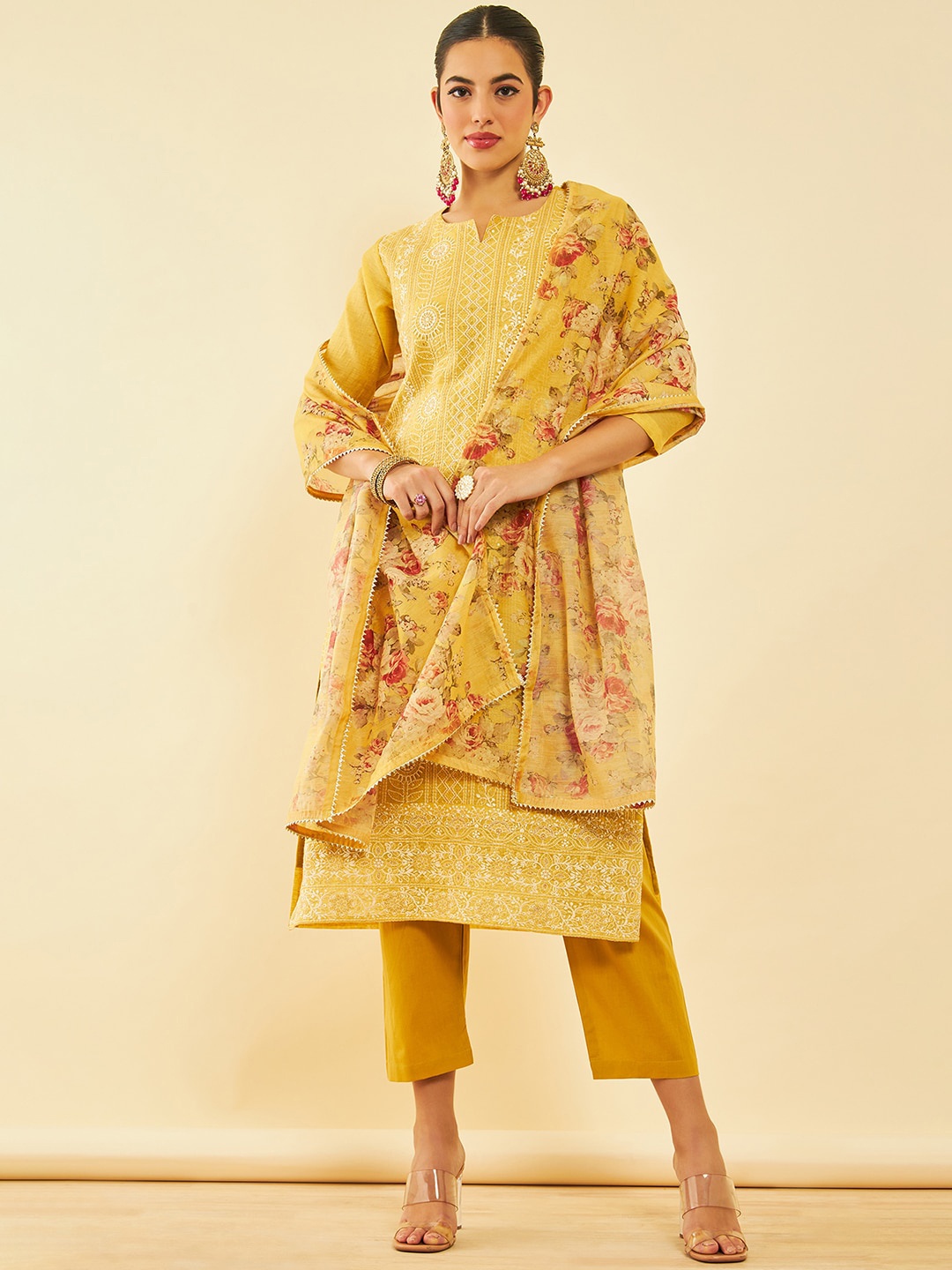 

Soch Floral Embroidered Regular Thread Work Chanderi Silk Kurta With Trousers & Dupatta, Mustard