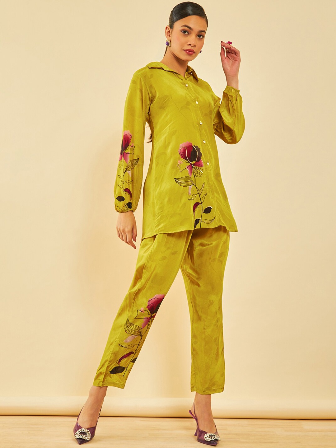 

Soch Floral Printed Top With Trouser, Olive
