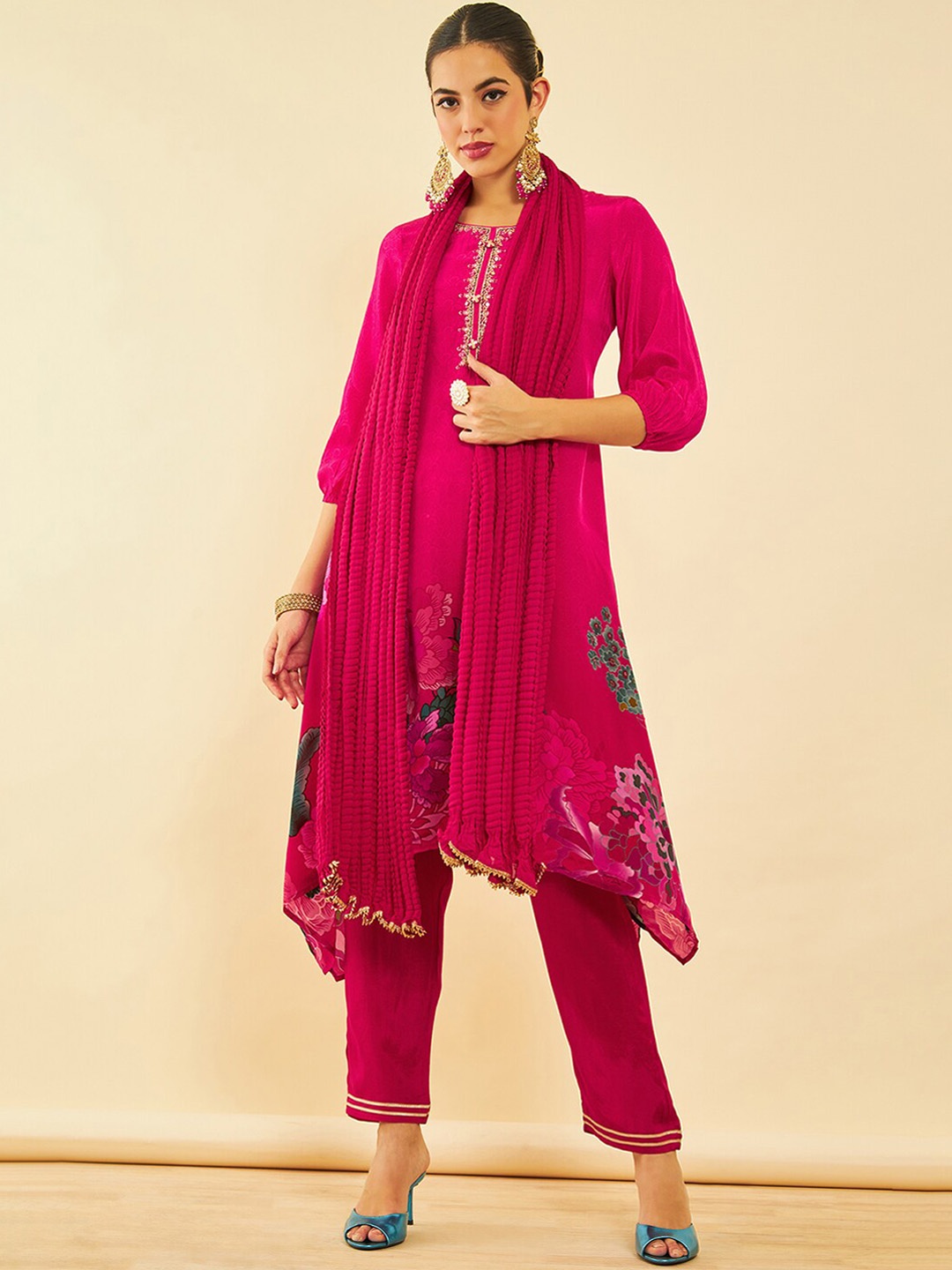 

Soch Floral Printed Regular Sequinned Kurta With Trousers & Dupatta, Pink