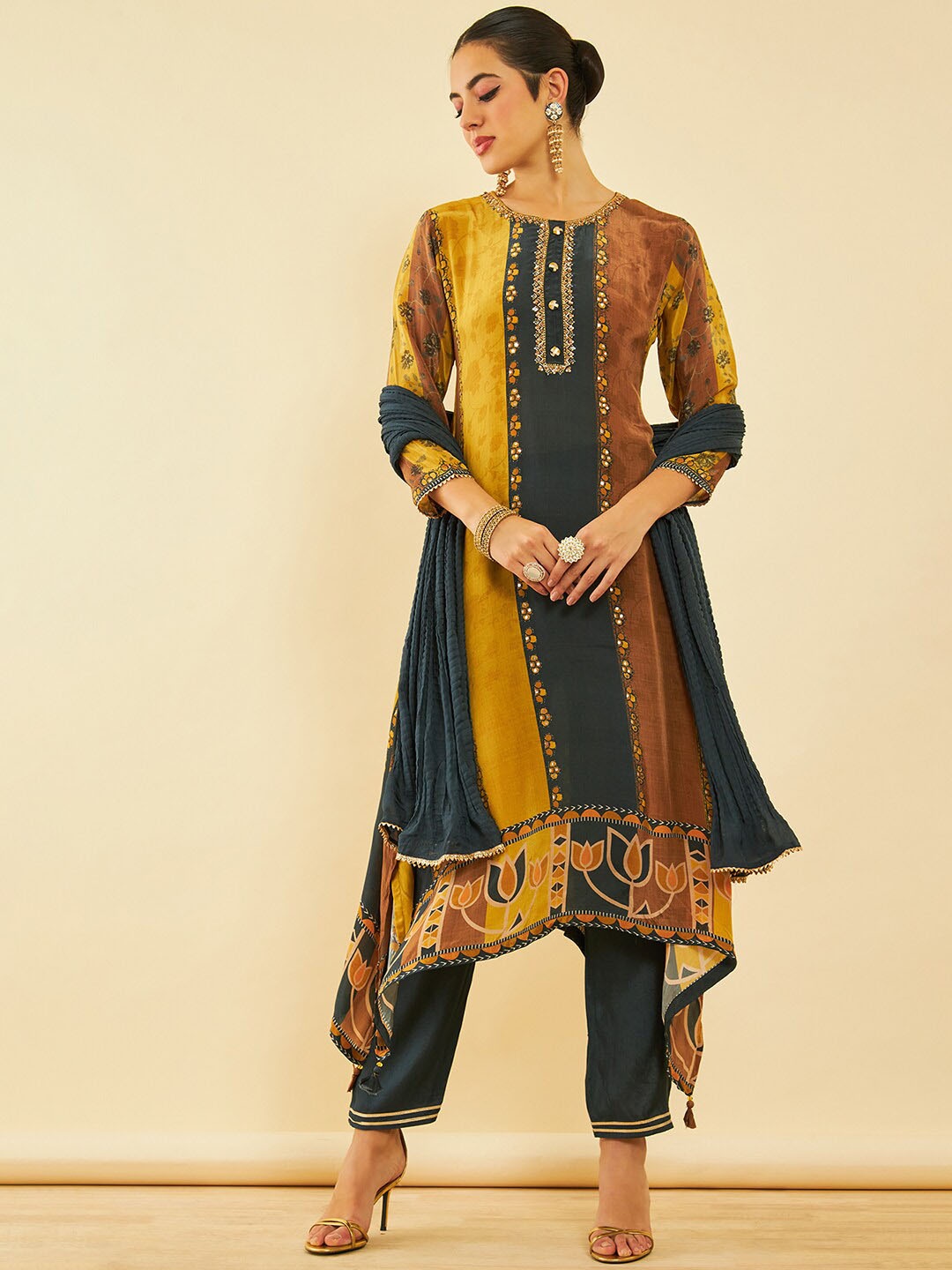 

Soch Floral Printed Round Neck Three-Quarter Sleeves Beads and Stones Kurta Set, Mustard