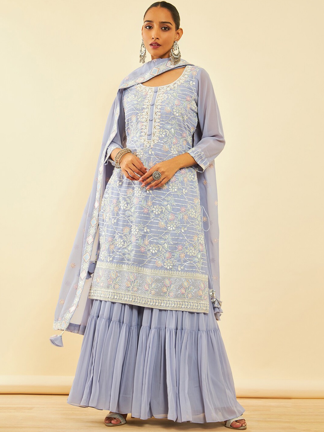 

Soch Floral Embroidered Round Neck Three-Quarter Sleeves Sequinned Kurta Set, Purple