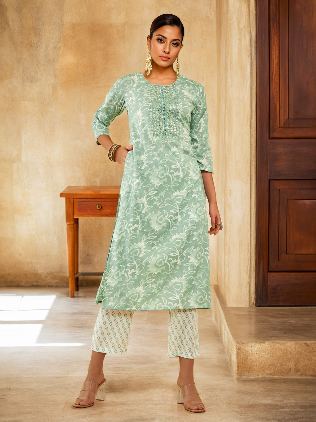 

Soch Floral Printed Thread Work Straight Kurta With Trousers, Green