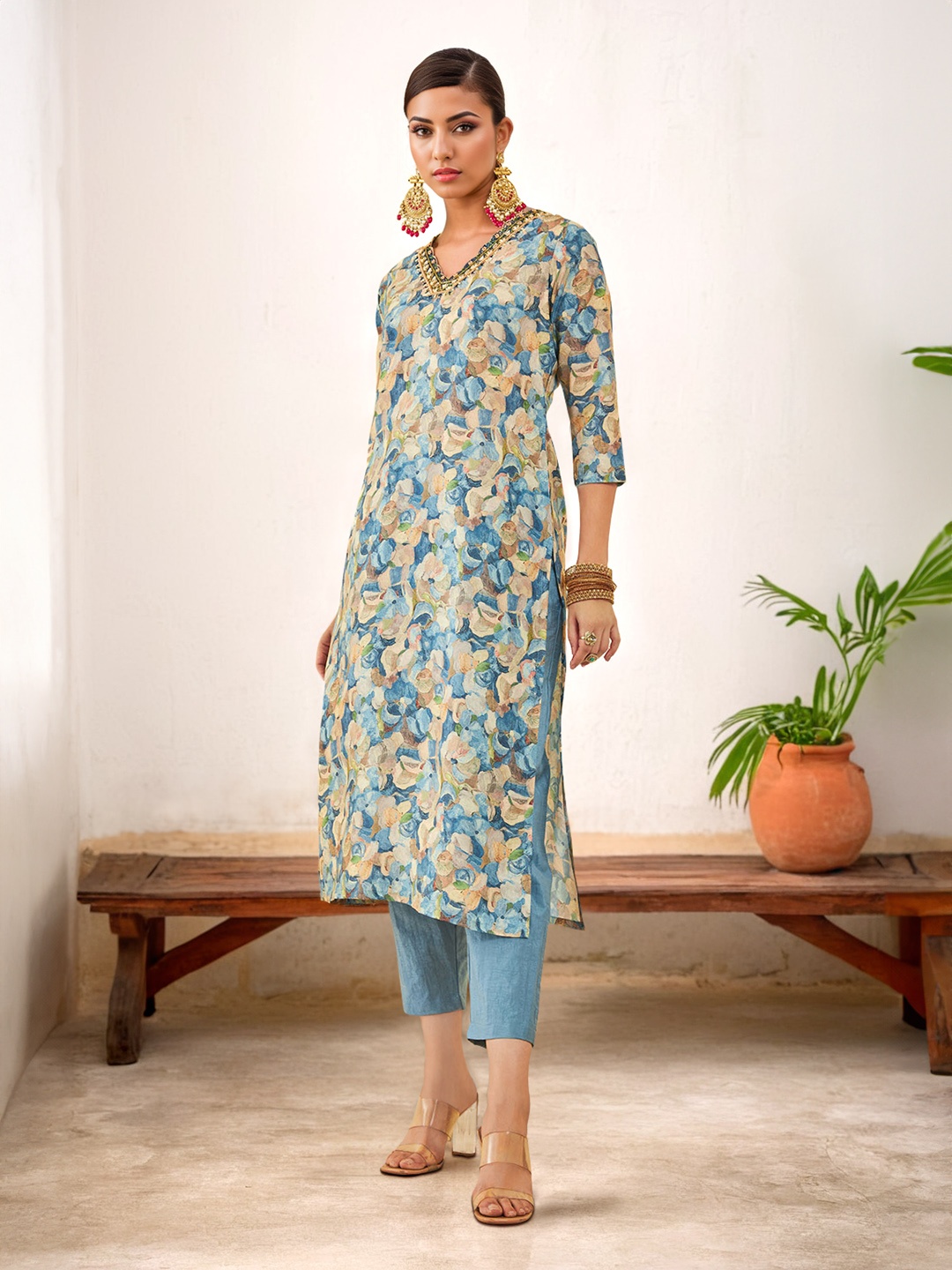 

Soch Floral Printed V-Neck Three-Quarter Sleeves Beads and Stones Kurta with Trousers, Blue