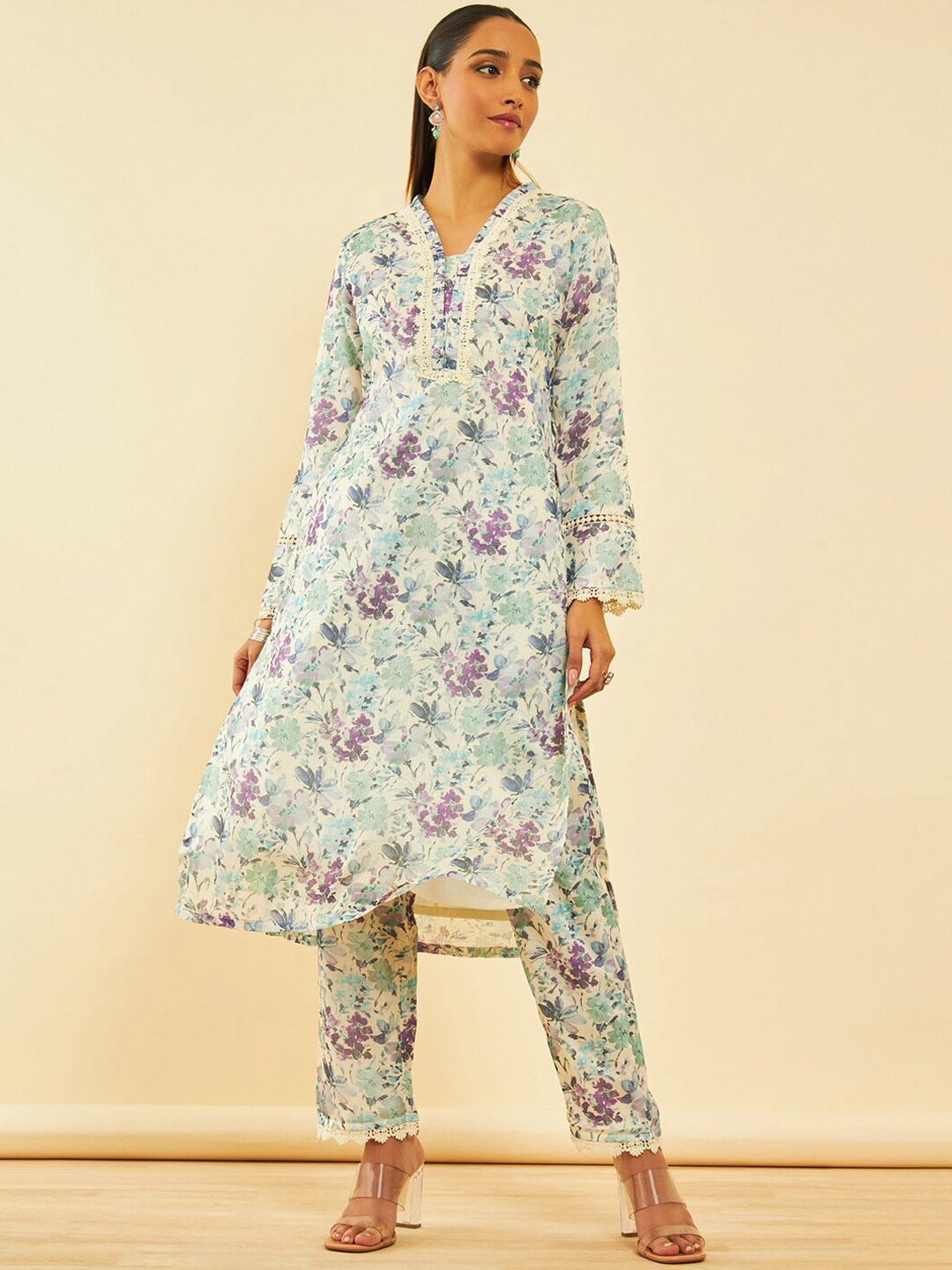 

Soch Floral Printed Long Sleeves Straight Kurta With Trouser, Blue
