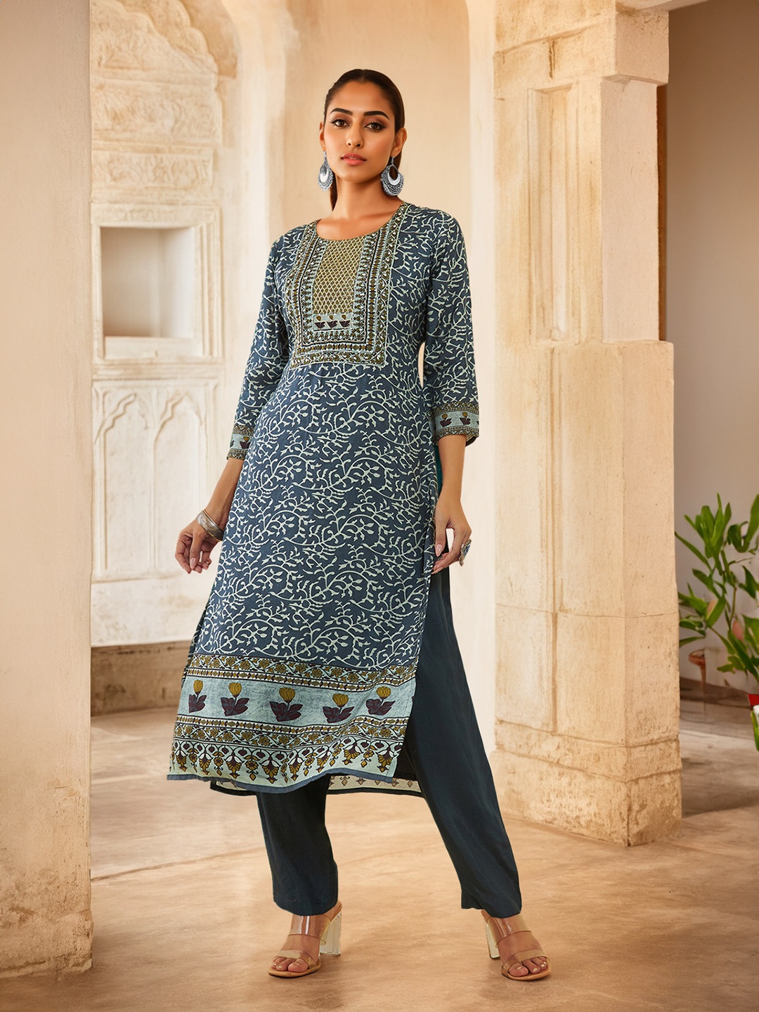 

Soch Floral Printed & Embroidered Straight Kurta With Trouser, Navy blue