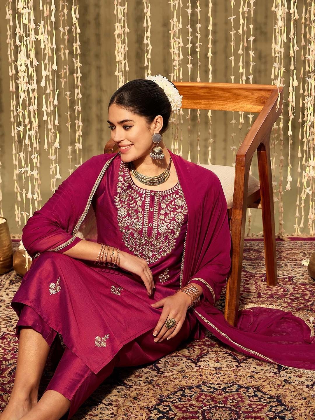 

Indo Era Ethnic Motifs Embroidered Zari Straight Kurta With Trousers & Dupatta, Magenta