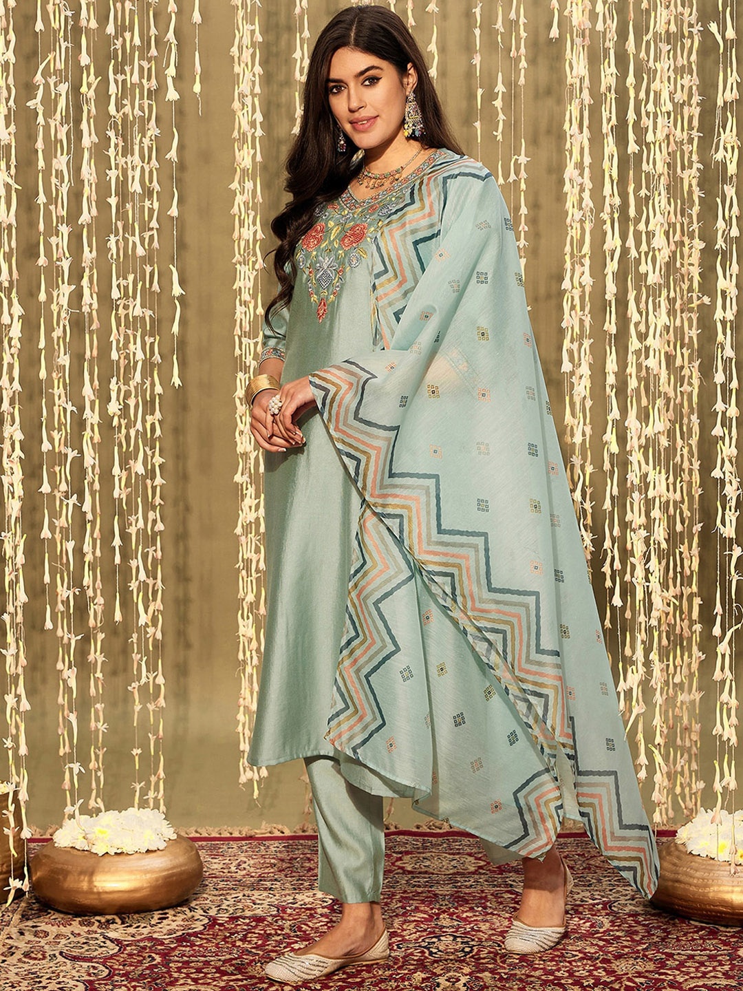 

Indo Era Green Ethnic Motifs Yoke Design V-Neck Zari Kurta With Trousers & Dupatta