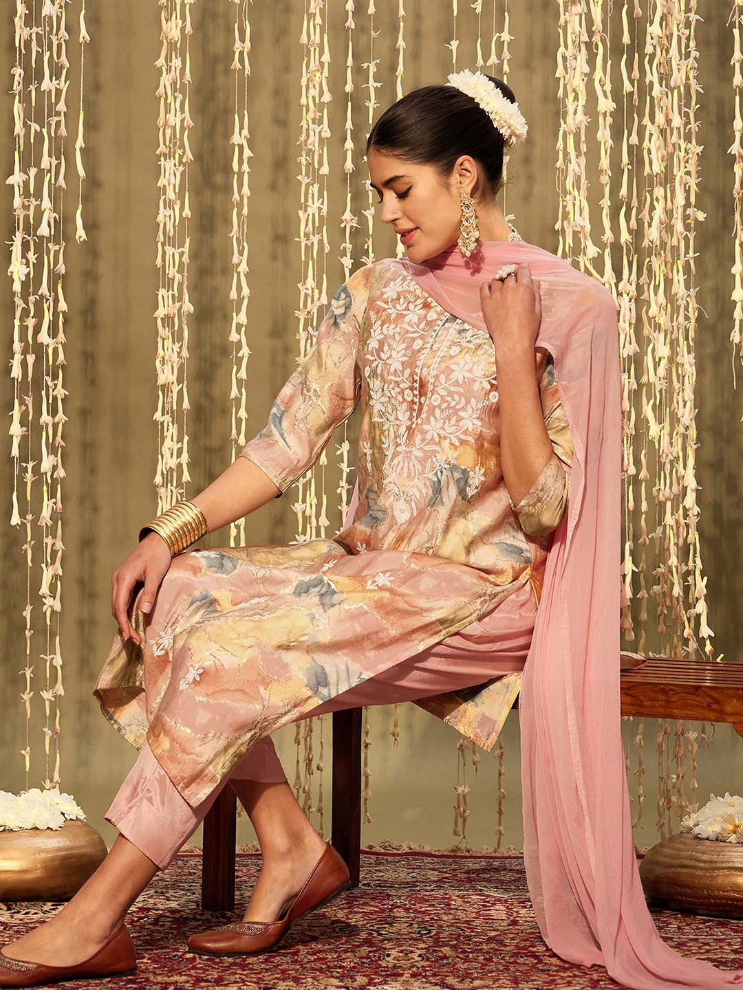 

Indo Era Floral Embroidered Round Neck Thread Work Straight Kurta with Trousers & Dupatta, Peach