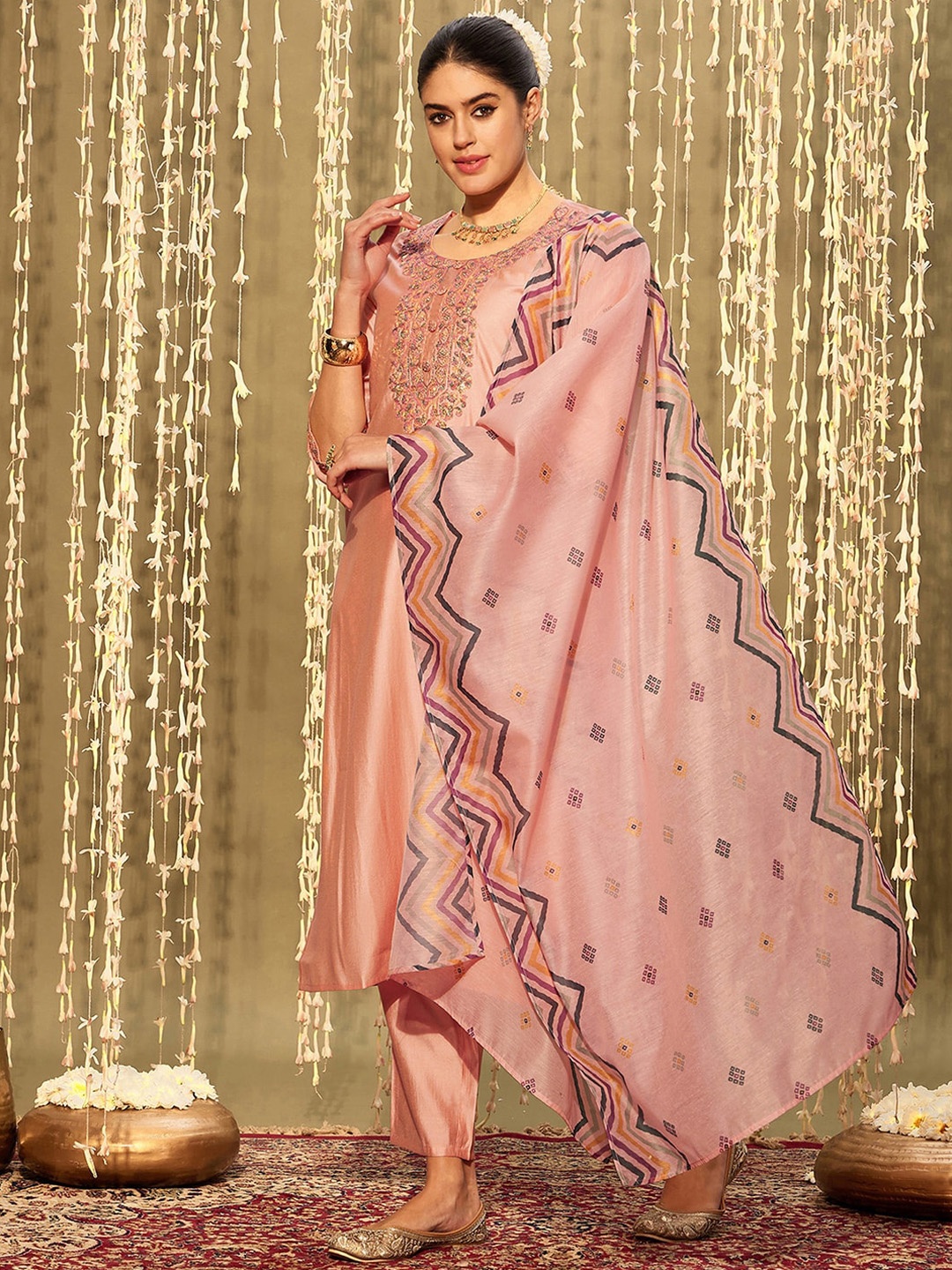 

Indo Era Ethnic Motifs Yoke Design Thread Work Liva Kurta With Trouser & Dupatta, Pink