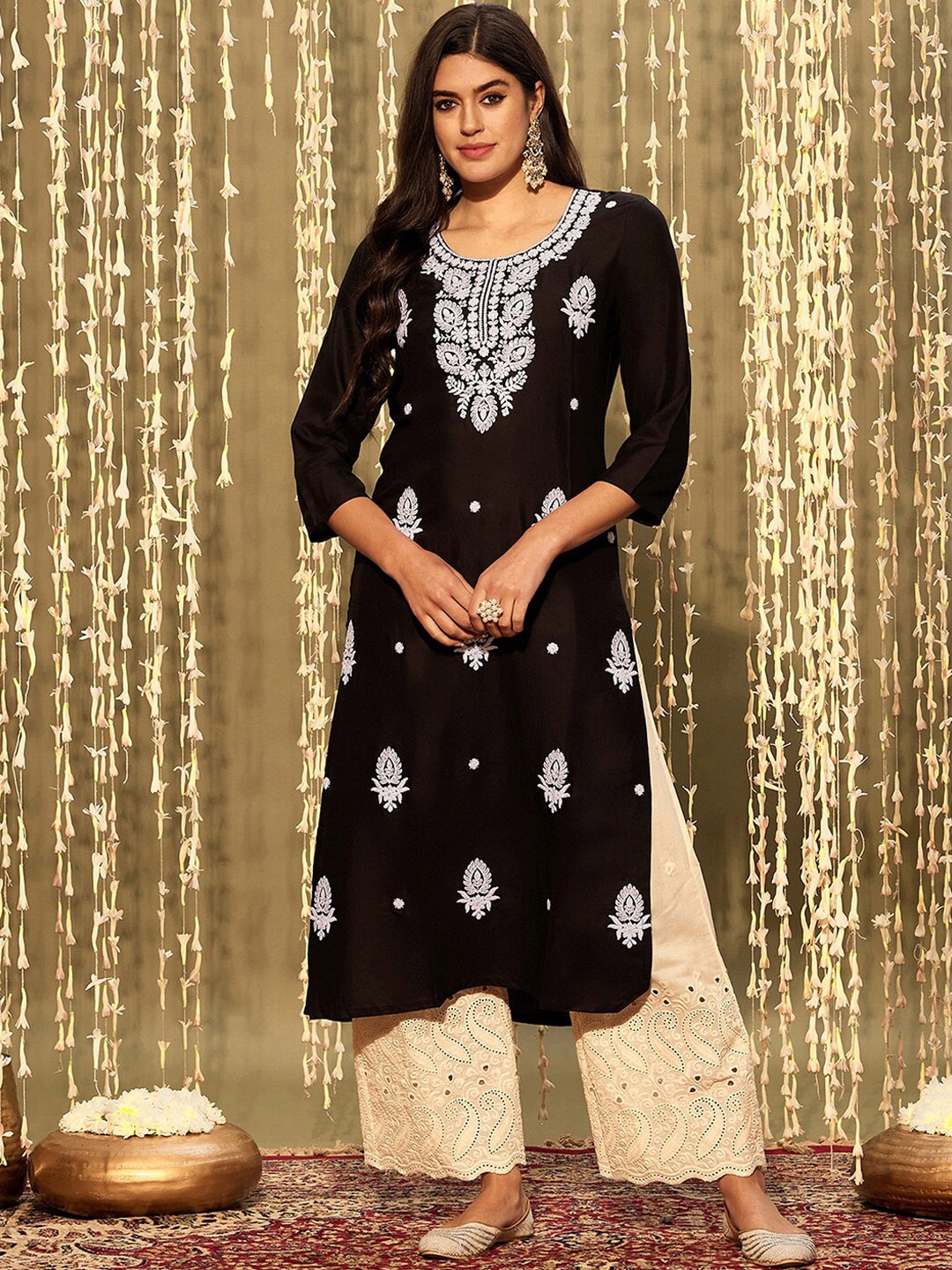 

Indo Era Black Ethnic Motifs Floral Embroidered Thread Work Detail Straight Kurta