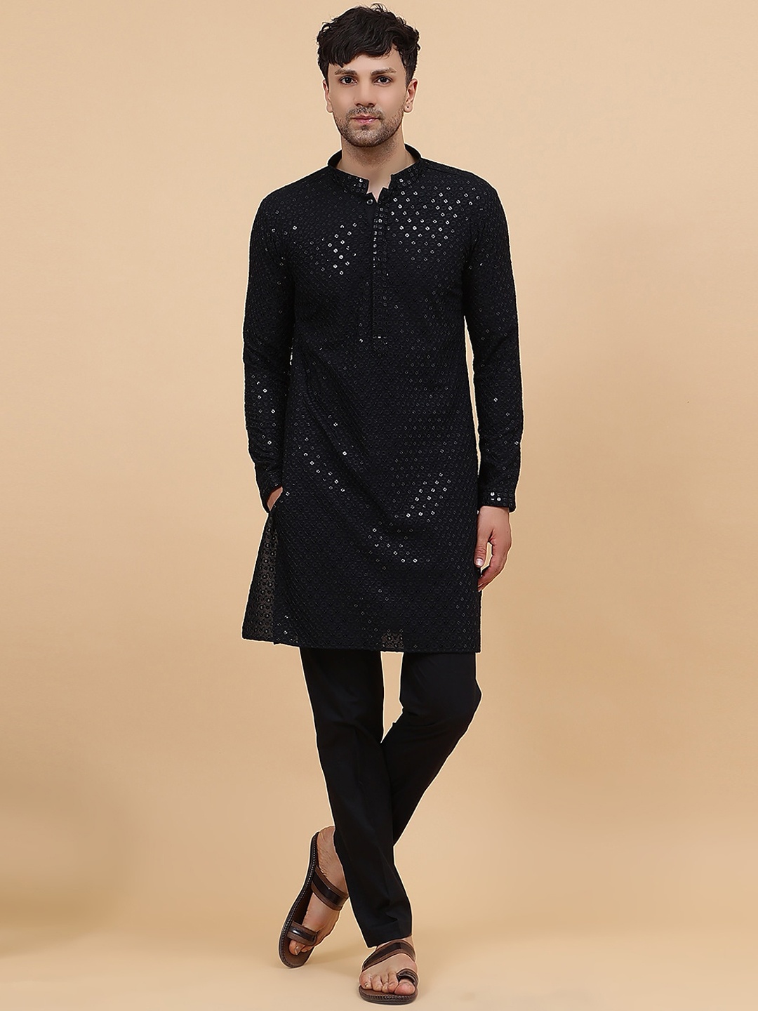 

See Designs Floral Embroidered Mandarin Collar Sequinned Straight Kurta, Black